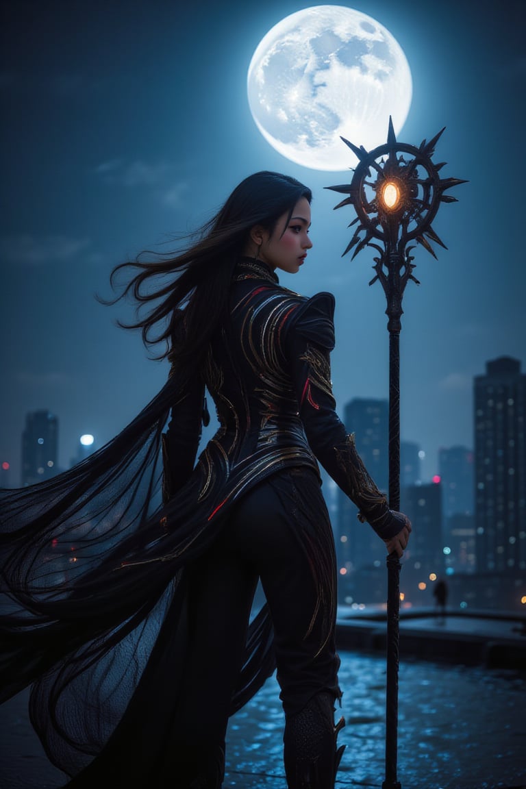 A cinematic shot of Evelynn standing on a rooftop under a well-lit moon night sky. She has long loose spreading hair and is wearing a black mesh outfit with gleaming white, silver and red streaks, as well as golden accents. She is holding a black metal staff with a glowing tip. The background contains skyscrapers and the full moon features cool tones, enhancing the dramatic, vivid atmosphere., eye-catching, highly detailed.