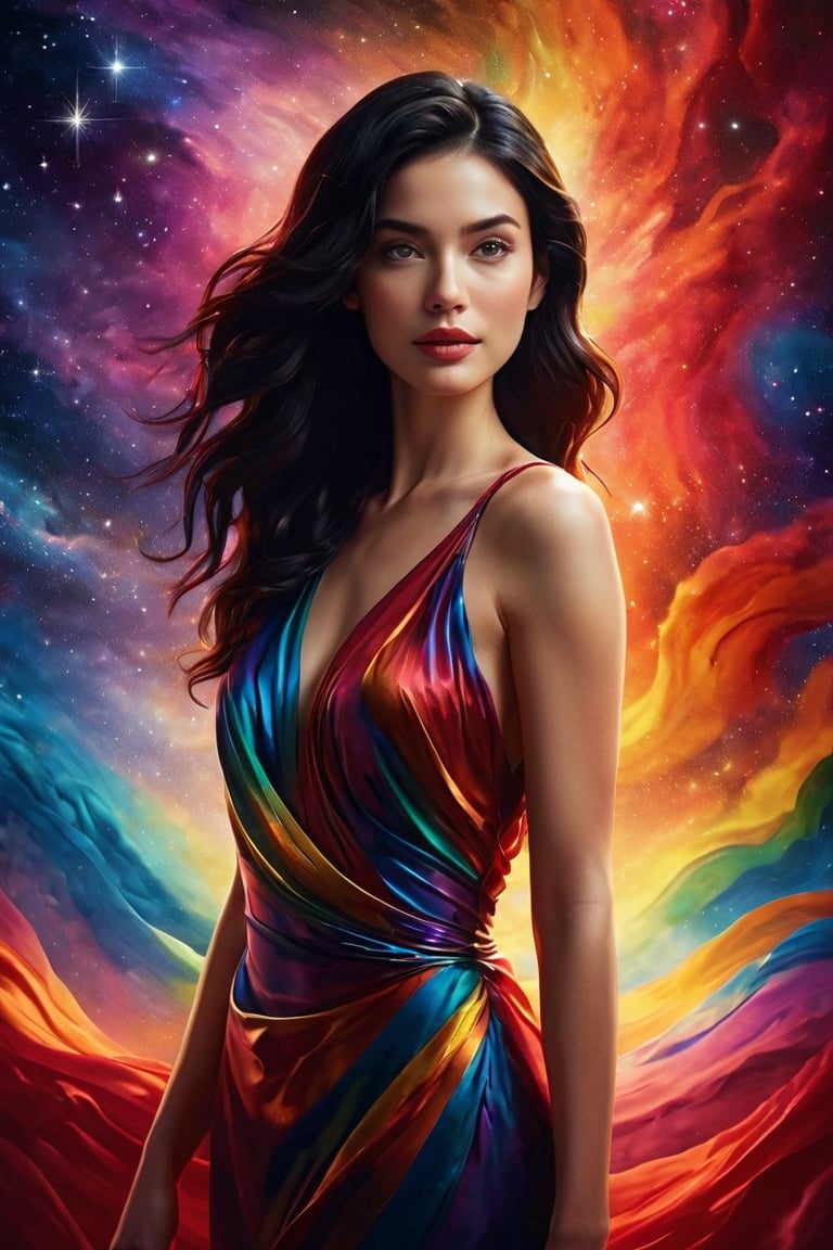 A striking portrayal of a pretty alluring smiling woman with sleek, shoulder-length black hair, her lips painted a bold shade of crimson. She is draped in a gown that shimmers with the luminous hues of a rainbow, each color blending seamlessly into the next like strokes of an artist's brush. The fabric flows around her in elegant waves, creating a sense of movement and fluidity. Against a backdrop of swirling cosmic clouds and twinkling stars, she stands with poise, her gaze fixed on some distant horizon. This captivating artwork, brought to life by the talented artist Aurora, captures the beauty and mystery of the cosmos in a single breathtaking moment, illustration, fashion, cinematic, poster, fantasy, vibrant, photo