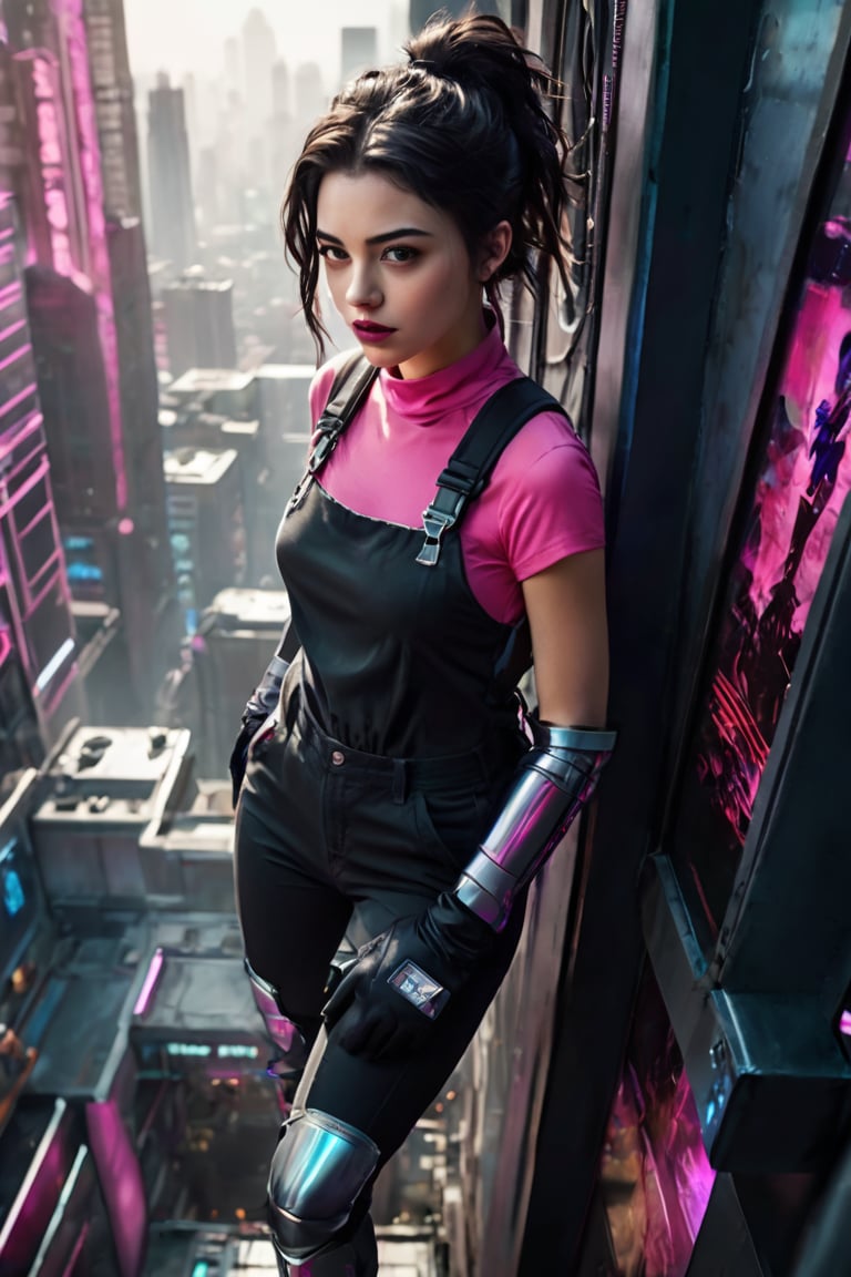 Cinematic, dramatic high-angle photograph looking down from above as Alex, a 19-year-old dark-haired young woman, as she dynamically climbs up the wall of a futuristic megacorp's headquarters. She is clad in dark lipstick, a tight pink top, and short overalls, as well as high-tech gloves and kneepads that aid her climb. She sweats from the difficult ascension and the neon-soaked background of a sprawling megalopolis, with its holographic advertisements and massive buildings, conveys the gritty cyberpunk setting.