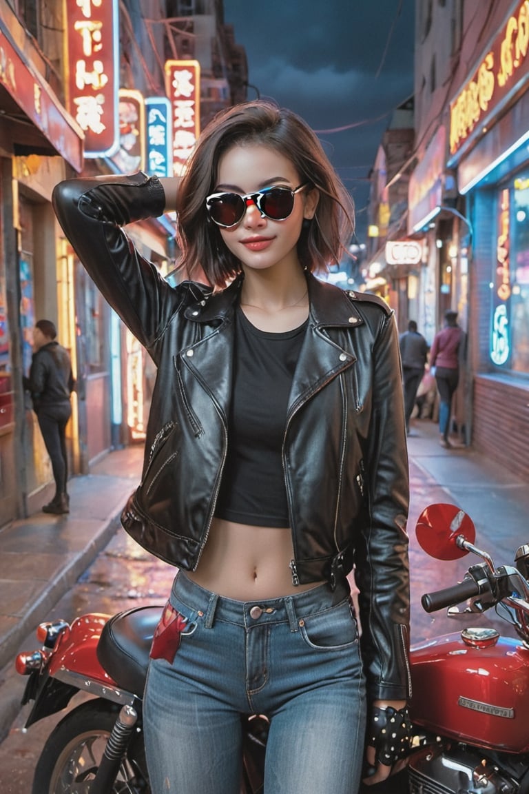 A young alluring smile woman. A brutal girl with short hair, dressed in a black leather jacket and skinny jeans, stands on the street of the night city. She leans on her vintage motorcycle, parked next to the neon signs of bars and clubs. Her sunglasses reflect the bright lights of the city, and leather gloves accentuate her brutal image. High-rise buildings dotted with windows with lights on are visible in the background. The sky is covered with dark clouds, foreshadowing a storm, and only a few stars break through them. All the colors in the painting are smoothed and muted, except for the bright blue neon and the warm light of the windows in the background, fashion.,Amethyst ,More Reasonable Details
