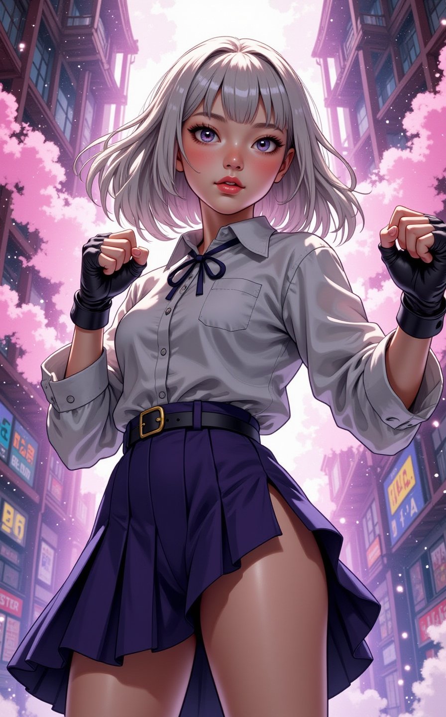 ghibli studio anime style poster, a beautiful young asian girl as a brand new street fighter, dynamic kicking fighting pose, beautiful eyes, olive skin, medium length white hair, petite body, sexy toned fit body, wearing tight school girl uniform, showing midriff, perfect face, lightly sparkles smoke background, volumetric fog, Hyperrealism, cinematic lighting, highly detailed, breathtaking, 8k uhd