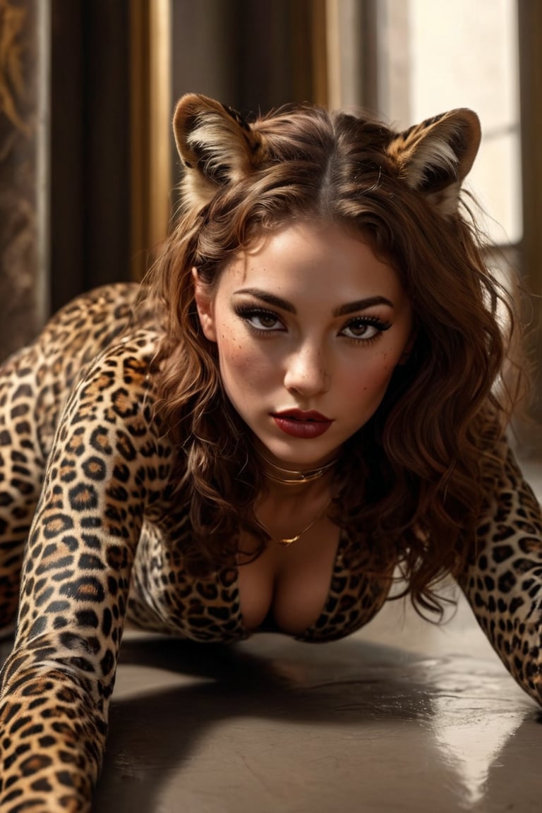 A mesmerizing full body portrait photo capturing the essence of an alluring brunette woman exuding serenity and mystery. A stunning piece of modern art featuring a voluptuous woman in a sexy leopard-inspired outfit, she is crawling on the ground complete with a leopard tail and ears. Her red curly hair, sensual lips, and alluring gaze command attention. The background is a minimalist, abstract design, featuring a blend of free-flowing lines, splashes, and scratches in a soft gradient metallic liquid. The piece is illuminated by bright gold lighting, creating a cinematic and conceptual atmosphere that is both fashionable and conceptual. The artwork is rendered in a 3D style, further enhancing its visual impact.,The Pose