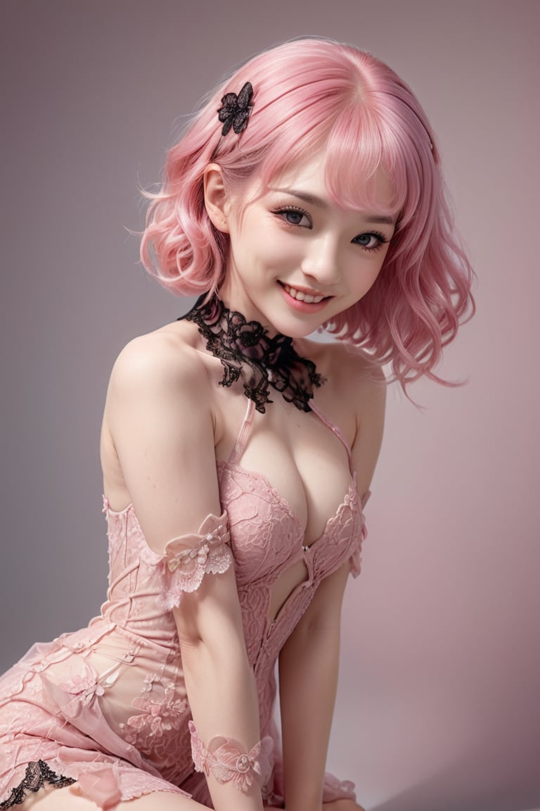 A young alluring woman wearing pink hair in a transparent hollow pink lace dress, in the style of hyperrealism and photorealism,she is at the seductive bending pose, UHD image, soft-focused realism, pastel color, babycore, gentle smile,better photography