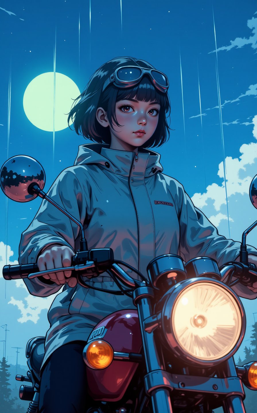 Ghibli studio anime style, Japanese anime style illustration, steampunk style, heavy raining, the endless desolate dry land is foggy, a cyan moon in the distance, a young girl riding a Honda CB125 from the 1970s, she is looking for something, details face, goggles, wet transparent low cut raincoat, low angle view shot, sunny rain lighting, perfect face, lightly sparkles smoke background, volumetric fog, Hyperrealism, cinematic lighting, highly detailed, breathtaking, 8k uhd