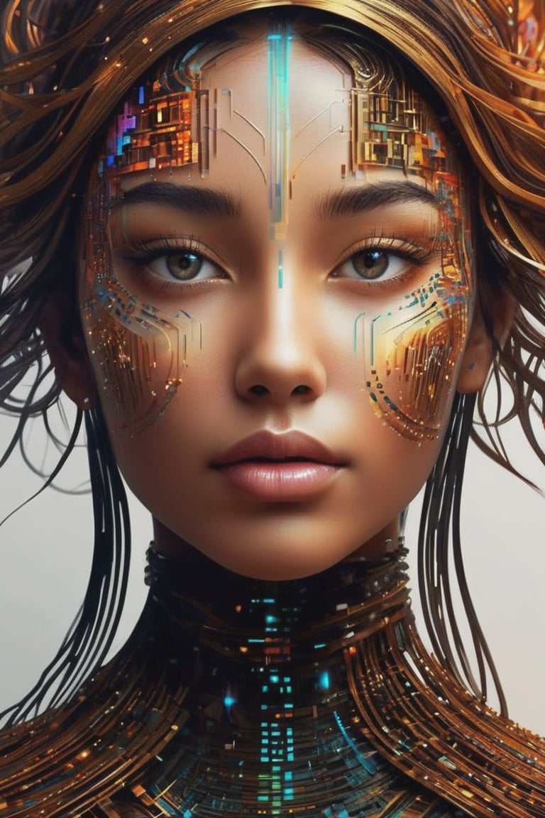 masterpiece digital artwork, (beautiful and aesthetic:1.4), fantasy illustration, surrealism, highly detailed, colorful binary code effect forming a silhouette of a girl, portrait, weave together to create a harmonious fusion of technology and art, (epic composition, epic proportion), FHD
