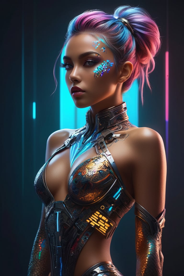 A captivating conceptual art piece featuring a hybrid-colored, futuristic young lady with a wild and alluring style. The gorgeous character is adorned in an intricate and vibrant body art design, which is accentuated by the high-quality 3D render and HDR lighting. The overall aesthetic is a blend of cyberpunk and avant-garde, with a touch of surrealism, creating a striking visual experience.