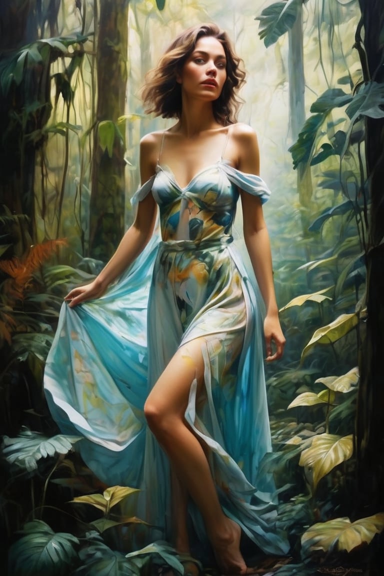 hybrid realistic painting and vintage lithograph style, oil on canvas, impressionist tendencies, delicate painting of a beautiful gypsum woman in an ethereal rainforest, torn revealing clothing, expressive delicate thin brushstrokes, full-body, in the style of fantasy art