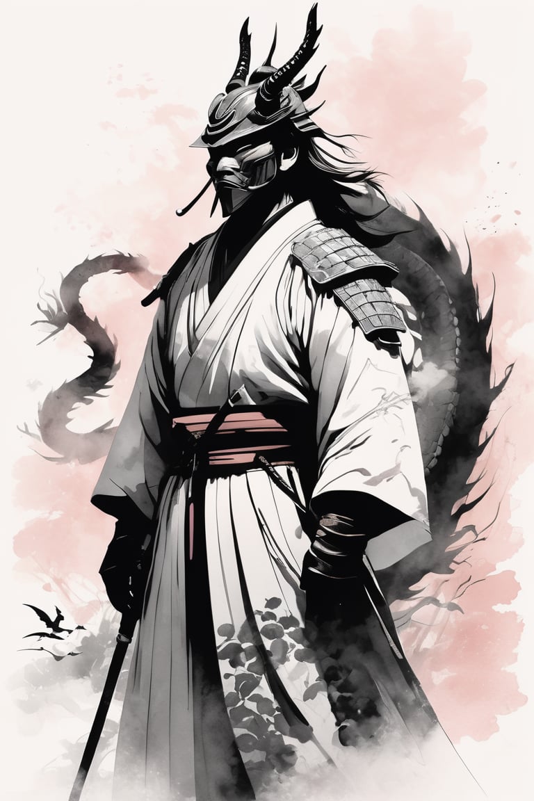 masterpiece drawing in a soft pink hue. A stunning and minimalist ink wash illustration of a samurai standing defiantly in front of a magnificent dragon. The samurai wears traditional armor, and his face is hidden behind a ritualistic mask. The dragon, with a fierce gaze, is portrayed with elegant strokes, using light white and dark gray tones. The background is simple and evokes a feeling of tranquility. The artwork is reminiscent of gongbi painting techniques, combining elements of witchcore and conceptual art, resulting in a breathtaking masterpiece.