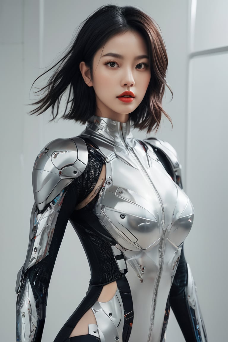 hyperrealistic, a masterpiece, (1girl), (full body), (futuristic sci-fi bodysuit), Beautiful young Korean woman, kpop idol, (Cute Loose Bob hairstyle), symmetrical eyes, realistic, sharp focus, HD, highly detailed, intricate, photography, hyperrealism, hyperrealistic, film, studio portrait, detail, dramatic lighting, (red lips), (small breasts), (toned stomach), smooth, sharp focus, art by Carne Griffiths and Wadim Kashin, unique design suit, award winning photography, masterpiece movie poster