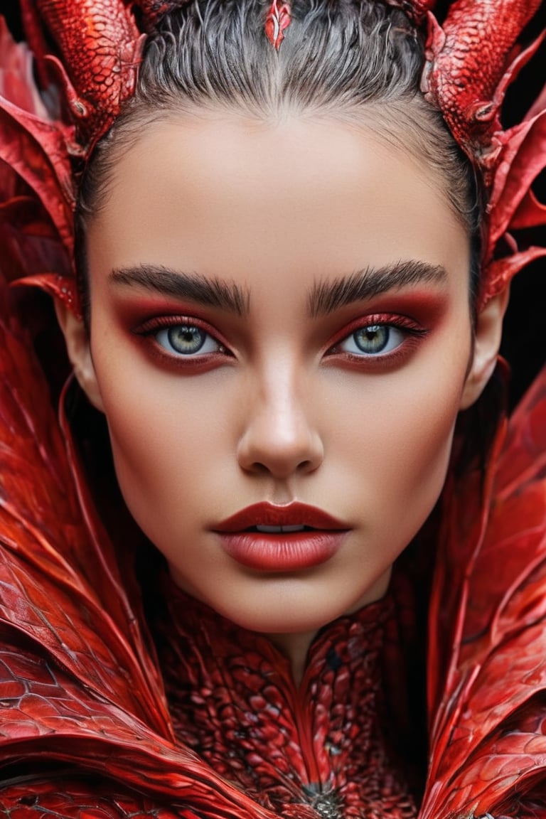 hyperrealistic, a masterpiece. A captivating alien female draconian shapeshifter is depicted in this vibrant and detailed digital design masterpiece. The subject has skin that resembles the scales of a red dragon, giving her an exotic and alluring appearance. Her face is beautifully attractive, with striking crimson eyes that draw you in, puffy lips that add to her allure, and long flowing red hair that frames her face perfectly. The image is in focus, bringing out all the intricate details of the subject's features. This high-quality artwork showcases the artist's skill in creating a stunning portrayal of this otherworldly being.