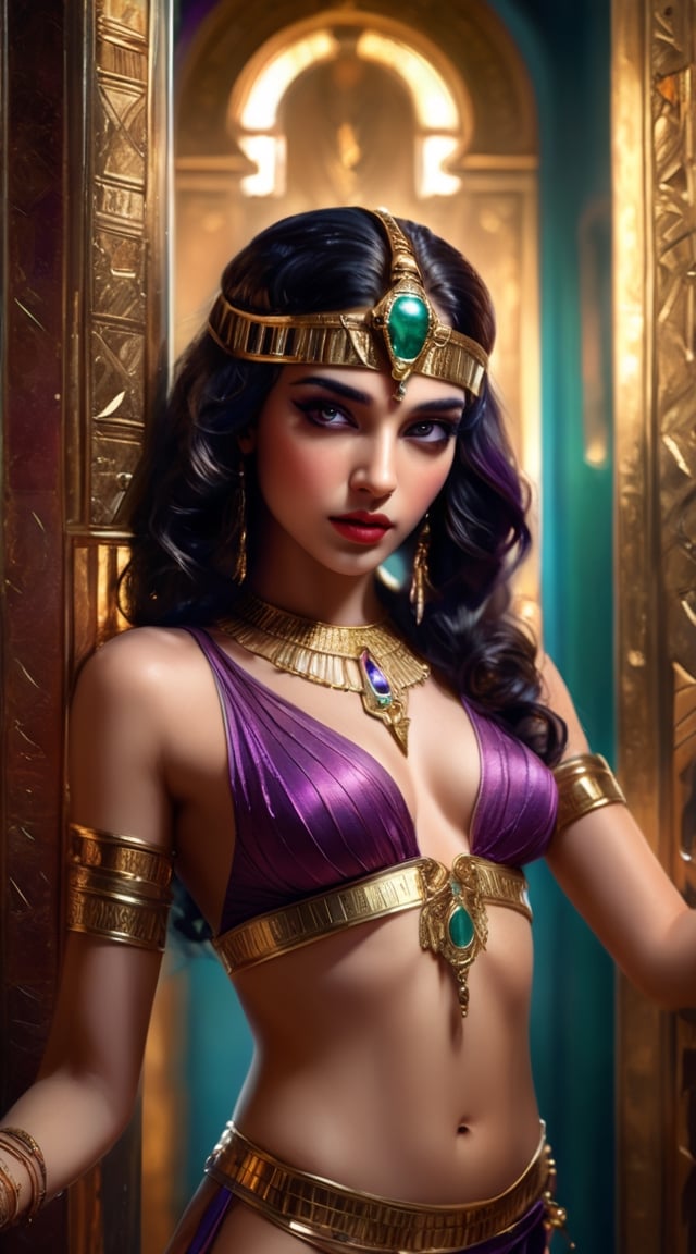 A captivating movie scene of the enigmatic Egyptian princess Cleopatra. an exotic svelte Egyptian dancer from Cleopatra era, she is willowy wearing revealing purple dress with gems, green eyes, fair face, red lips, sheer face viel , she is holding a beautiful dagger, hiding behind a door, wall is decorated with golden Egyptian patterns. Realistic detailed image, High quality, 