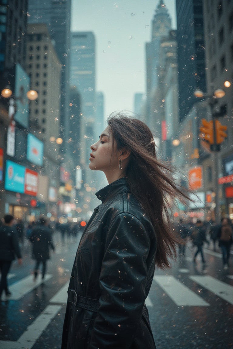 dystopian future city 2047, a young woman pauses, standing still while everything around her moves in a blur of energy and color. Her eyes are closed, and she is deeply attuned to an inner rhythm, unaffected by the chaos around her. The image conveys how life pulses with an unstoppable energy, and no matter the noise or rush, she is centered in her own flow, a symbol of inner peace in a fast-moving world. Non-representational, vibrant colors and shapes, expression of feelings, imaginative, highly detailed.