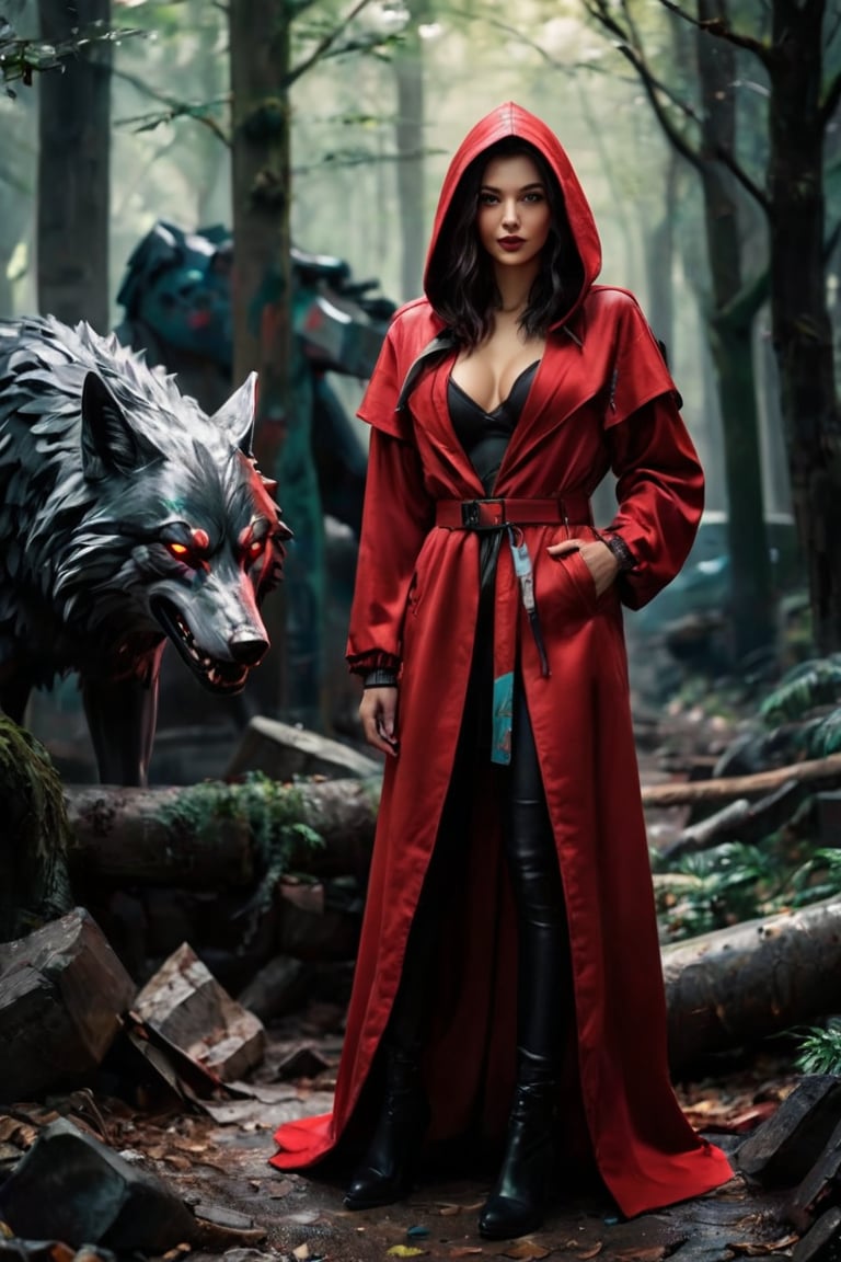 hyperrealistic, a masterpiece movie poster. HDR. ultra high res, photorealistic, 8k, hyperrealism, studio lighting. (Best quality, 8k, 32k, raw photo, real life, photorealistic, UHD:1.2), A striking full-body length photo of a young woman in a red hooded cloak and matching red dress with straps and a belt, standing in a graffiti-laden cyberpunk forest setting. The woman is evil smiling, her right hand partially covering her mouth as she looks forward. Beside her stands an enormous wolf with a fierce and menacing expression, bared teeth, and intense eyes. The background features a monochromatic color scheme with varying shades of gray, contrasted by the vivid red of the woman's clothing. The scene is surrounded by rubble and debris, with graffiti-covered walls adding to the dark fantasy and cinematic atmosphere  dark fantasy, 