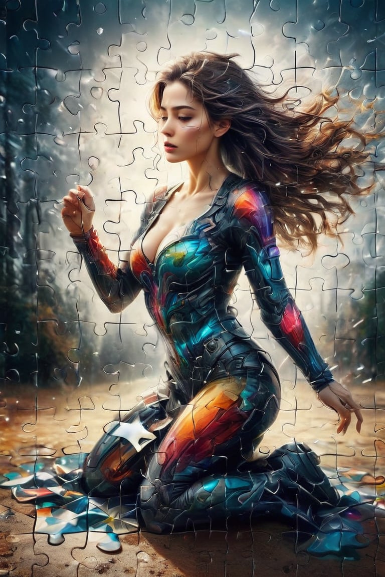 hyperrealistic, best quality, masterpiece, analog film photo, studio lighting. A commercial photography of a hyper-realistic digital artwork featuring a female model composed of puzzle pieces. The right side of her figure is artistically depicted as being blown away, scattering into the air. Her expression is serene, contrasting with the dynamic disassembly of her form. The pieces are finely detailed, each reflecting light uniquely, adding a sense of depth and complexity to the image. The color scheme of the artwork is subtle, with natural tones that emphasize the surreal yet delicate nature of the scene. 