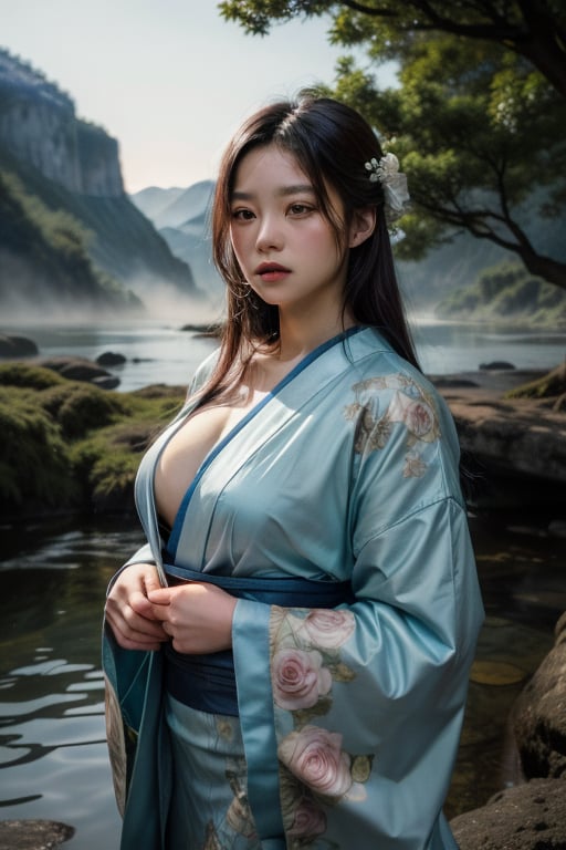 Aqua, a stunning young woman, stands confidently against a warmly lit background. A captivating cinematic portrait of a female warrior in a serene landscape, with misty mountains in the background. She stands tall in a traditional kimono, adorned with intricate tattoos covering her upper body. Her sword with a golden hilt is held confidently in her hand, while a skull and a single red rose lie beside her. The tranquil garden setting features a calm body of water and lush greenery, creating an atmosphere of both beauty and mystery. The conceptual art piece showcases a powerful and enigmatic figure in a harmonious yet haunting environment., conceptual art, portrait photography, photo, cinematic, 