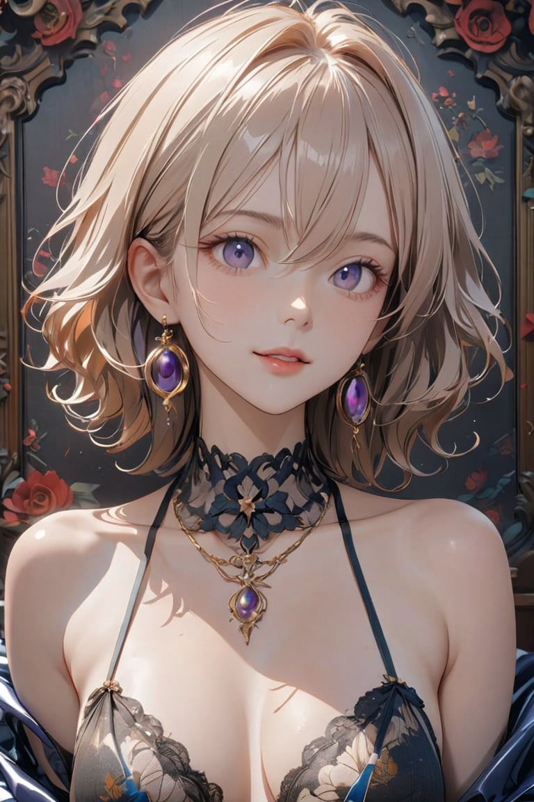 A stunning full body portrait photo of an alluring and charming blonde komoe from Namiuchigiwa no Muromi-san. Her enchanting smile draws the viewer in, while her alluring attire, including a lacy deep neckline top and strings with suspended belt, exudes elegance and sophistication. Gold earrings and a necklace adorn her, adding a touch of refinement.

The background showcases a mesmerizing, abstract swirl of deep blues and purples, creating a dynamic and energetic atmosphere that contrasts with the subject's poised demeanor. This exquisite blend of painting-like qualities, fashion, conceptual art, and photography exemplifies the artistry and innovation within this striking image. A masterpiece of conceptual art, cinematic portraiture, and photography, this 3D render stands as a testament to the creative prowess of, anime, vibrant, painting, fashion, photo, 3d render, graffiti, cinematic, conceptual art, portrait photography, illustration,better photography