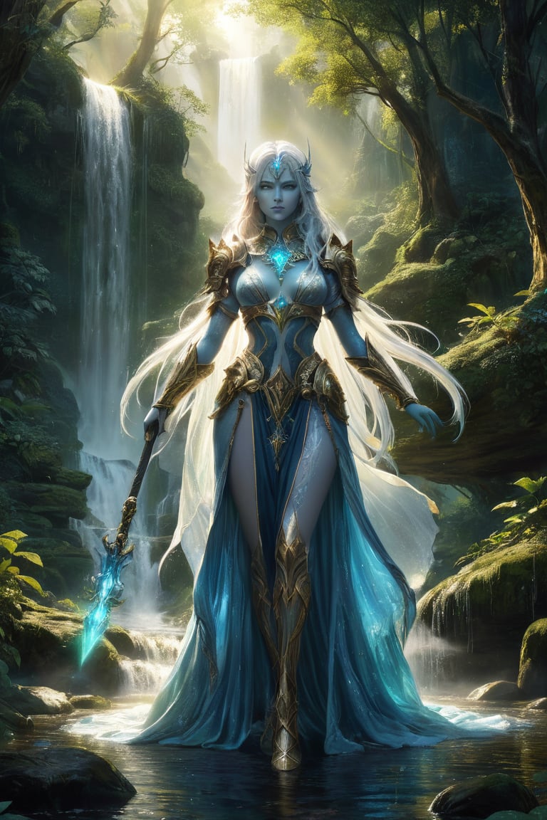 A captivating wide-shot fantasy art piece featuring a stunningly detailed and photorealistic nude Vedalken female cleric. Her striking blue skin is illuminated by glowing particles, adding a mystical aura to the composition. Her long, white hair flows gracefully, contrasting with her vibrant skin tone. Her intense green eyes convey profound depth and wisdom.
Armed with a glowing yellow mace adorned with magical symbols, the cleric stands at the base of a breathtaking waterfall, which adds a natural and dynamic element to the scene. The lush fantasy landscape in the background enhances the overall mood with its vibrant, magical atmosphere. The artwork is presented in ultra-high resolution (16k), focusing on photorealistic quality to capture every detail, from the wet textures of her skin to the shimmering reflections of the water.