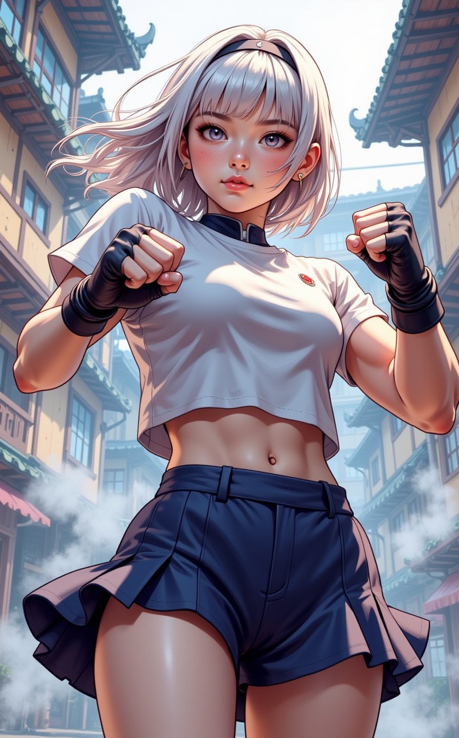 ghibli studio anime style poster, a beautiful young asian girl as a brand new street fighter, dynamic kicking fighting pose, beautiful eyes, olive skin, medium length white hair, petite body, sexy toned fit body, wearing tight school girl uniform, showing midriff, perfect face, lightly sparkles smoke background, volumetric fog, Hyperrealism, cinematic lighting, highly detailed, breathtaking, 8k uhd