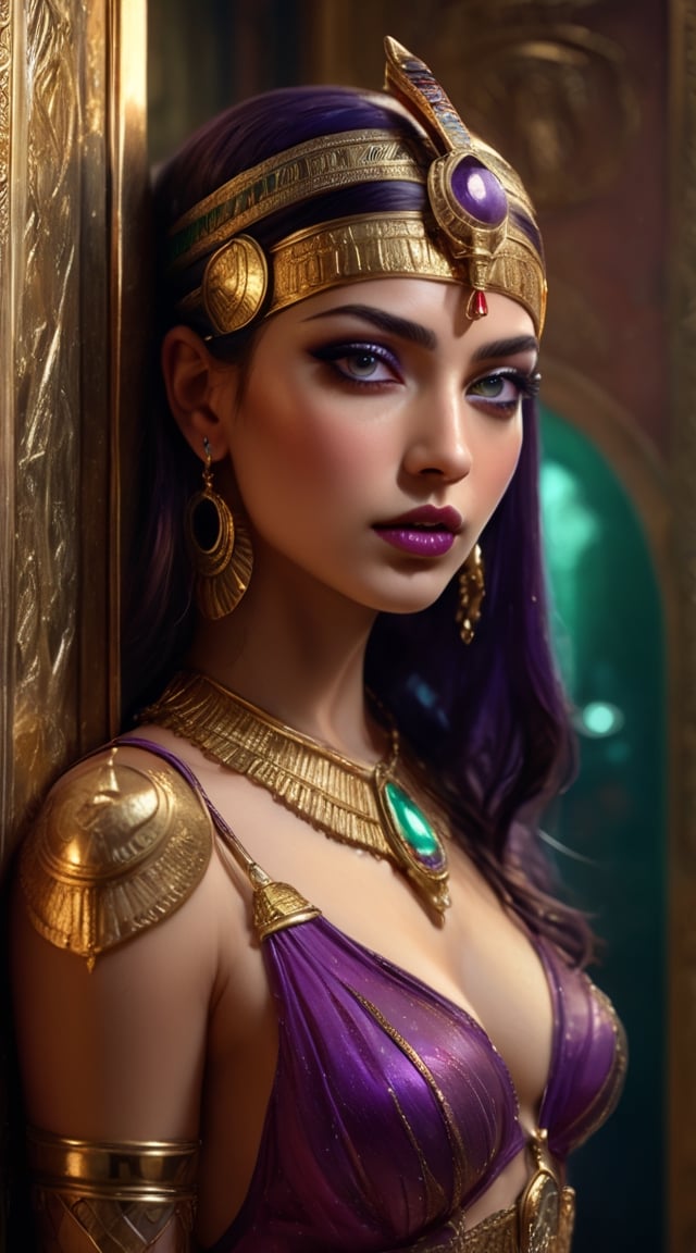A captivating movie scene of the enigmatic Egyptian princess Cleopatra. an exotic Egyptian dancer from Cleopatra era, she is wearing revealing purple dress with gems, green eyes, fair face, red lips, sheer face viel , she is holding a beautiful dagger, hiding behind a door, wall is decorated with golden Egyptian patterns. Realistic detailed image, High quality, 