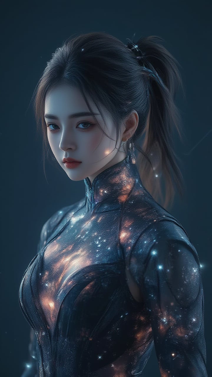 Double exposure effects, a cyborg woman's full-body body made entirely of a brightly colored nebula, with twinkling stars that make her eyes sparkle and dotting her face. The contours of her face and hair are blending into the surrounding space. The body contains bright galaxies and colorful nebulae as if the body contained the entire cosmos. Realistic 3D rendering, against a dark background.