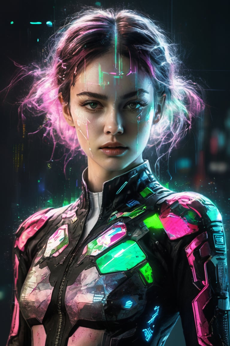 hyperrealistic illustration, best quality, masterpiece digital painting, minimalist movie poster, a cyberpunk female hacker known as "THE GLITCHER," their body perpetually glitching and distorting. The figure's skin is a fragmented mosaic of colors, emitting vivid neon pink and green hues. Surrounding them are floating lines of corrupted code and glitching holograms. Their eyes glow with an unsettling, flickering light. They wear a high-tech suit that is constantly shifting and reforming. In one hand, they hold a glitching data spike, while the other hand seems to dissolve into a swarm of digital particles. The background is a stark white void, emphasizing the chaotic and disturbing nature of this digital entity.