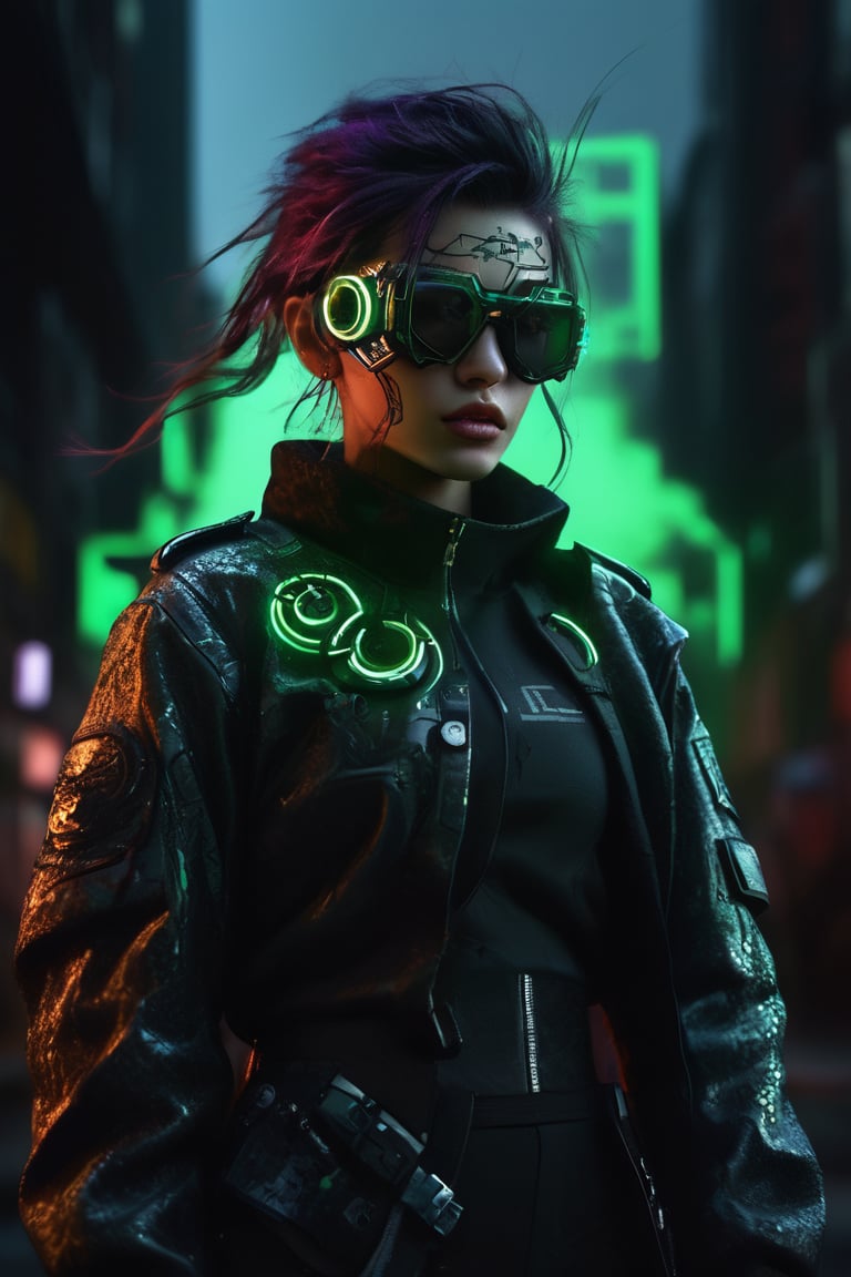 ((masterpiece)), ((best quality)), (((photo Realistic))), (8k, RAW photo, best quality, masterpiece:1.2), (minimalist). A mesmerizing image of a cyberpunk anarchist clad in high-tech gear. The strong anarchist's outfit features rough, jagged, and heavily scarred designs that emit a wild, pulsating glow, with each element illuminated by intense, chaotic hues of neon green and yellow. The gear seamlessly blends 3D rendering, illustration, and vibrant colors, creating a fierce and frenetic dance of light. The background is filled with abstract shapes, jagged lines, and chaotic splashes, adding to the dynamic and rebellious atmosphere. The pristine white background contrasts sharply with the bold and striking colors, highlighting the anarchist's formidable presence in the neon-lit urban chaos.