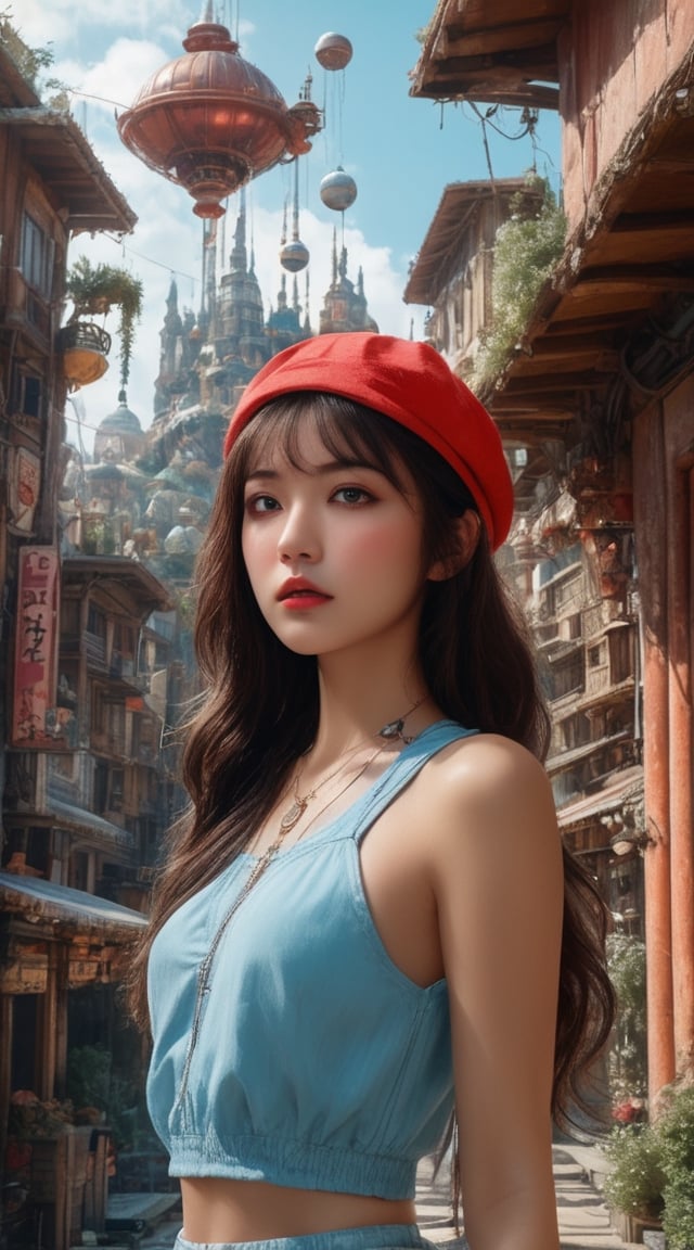An exquisite 8K resolution image of a captivating sexy young girl. A young woman with a contemplative expression. She wears a light blue crop top with a graphic of a fish and a pinkish-red hat. Her attire is complemented by beige cargo pants and she has a red sling bag draped over her shoulder. Behind her, an intricate and imaginative architectural structure emerges, resembling a floating city or a dreamlike realm. This structure is adorned with various buildings, bridges, and other architectural elements, all intertwined with wires and cables. Floating around this structure are small objects, including a spherical object with plants, a flying saucer, and other miscellaneous items. The overall color palette of the image leans towards warm tones, with the woman's skin and the structures in the background being the most prominent.