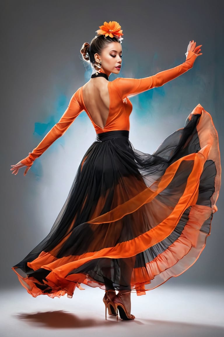 ((masterpiece)), ((best quality)), (((photo Realistic))), (portrait photo), (8k, RAW photo, best quality, masterpiece:1.2), (realistic, photo-realistic:1.3), An artistic portrayal of a woman, seemingly in a dance pose. She wears a vibrant transparent orange and black dress, with the top having a high neckline and the skirt flowing gracefully. Her hair is styled in an elaborate updo adorned with red flowers. The background is abstract, with splashes of orange, black, and white, giving the impression of a dynamic and fiery ambiance.