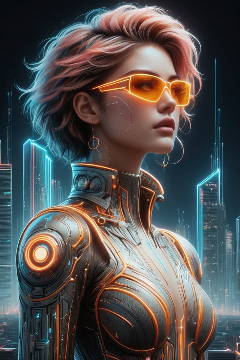 full body:1.2, ((masterpiece)), ((best quality)), (((photo Realistic))), A striking portrait of a young svelte woman looking back against a glowing background adorned with futuristic gleaming gadgets. A stunning anime-inspired scene of a young woman, adorned in futuristic fashion with neon accents, leaving her mark on Earth. She holds a can of spray paint and stands next to an incredible architecture of a towering building with a glass exterior. The architecture is adorned with her graffiti artwork, which glows against the dark city skyline. The background reveals a vibrant cityscape, with a rainbow of colors painting the sky.,mad-cyberspace