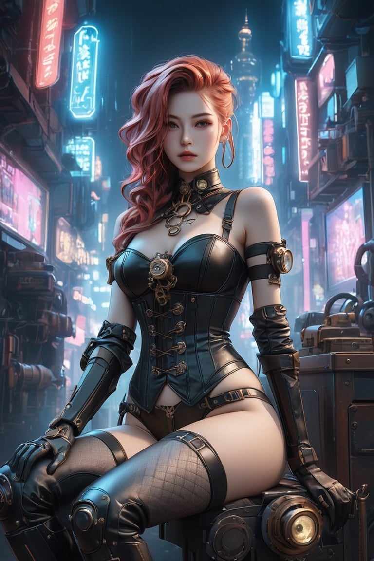 A stunning photo of a cyberpunk gamer girl dressed in a steampunk-inspired outfit. She is wearing a alluring black corset adorned with brass gears, sexy fishnet stockings, and knee-high leather boots, with a black and red hairstyle. A steampunk-inspired gaming console sits on her lap, with neon lights and wires intertwining around her legs. The background is a futuristic, dark, and moody cityscape with towering buildings and neon signs. The overall atmosphere of the photo is sensual, mysterious, and alluring, photo