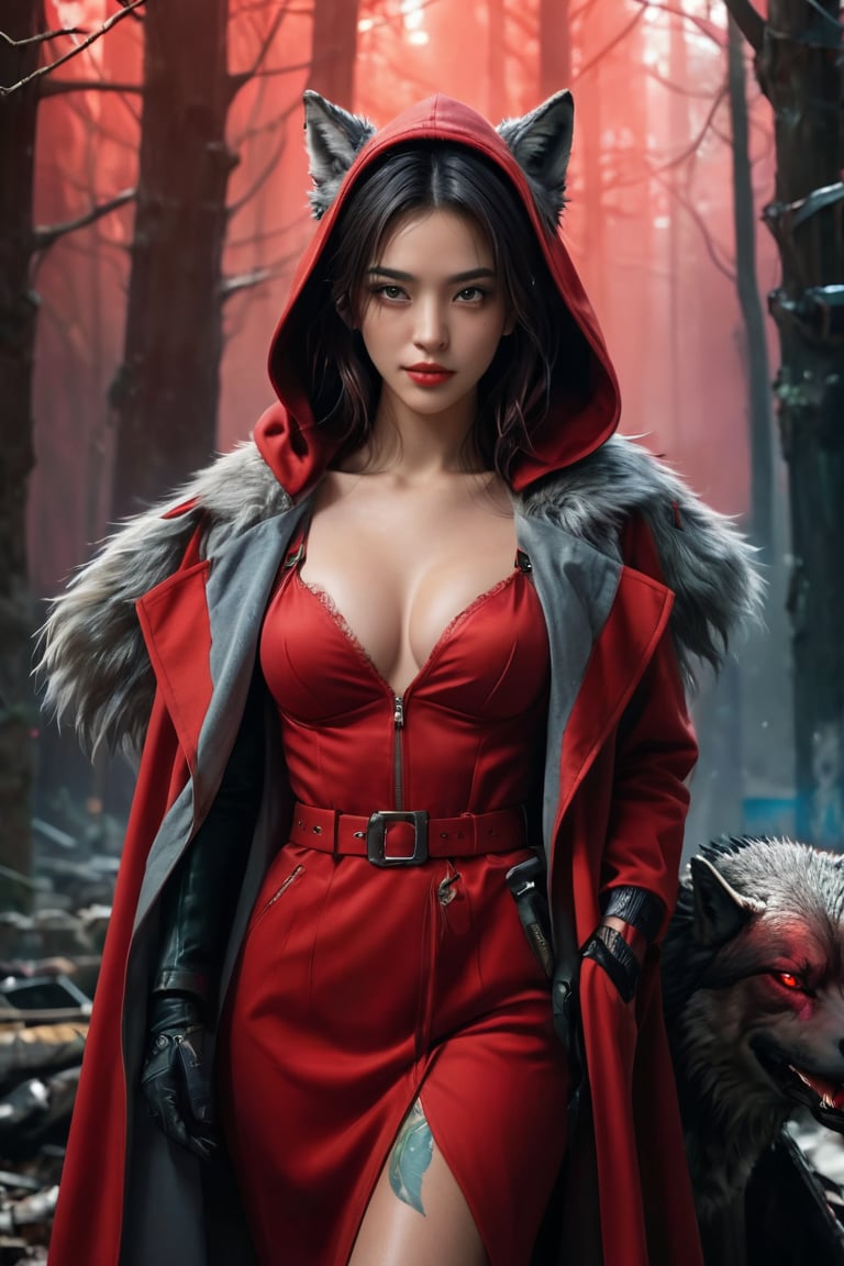 hyperrealistic, a masterpiece movie poster. HDR. ultra high res, photorealistic, 8k, hyperrealism, studio lighting. (Best quality, 8k, 32k, raw photo, real life, photorealistic, UHD:1.2), A striking full-body length photo of a young woman in a red hooded cloak and matching red dress with straps and a belt, standing in a graffiti-laden cyberpunk forest setting. The woman is evil smiling, her right hand partially covering her mouth as she looks forward. Beside her stands an enormous wolf with a fierce and menacing expression, bared teeth, and intense eyes. The background features a monochromatic color scheme with varying shades of gray, contrasted by the vivid red of the woman's clothing. The scene is surrounded by rubble and debris, with graffiti-covered walls adding to the dark fantasy and cinematic atmosphere  dark fantasy, 