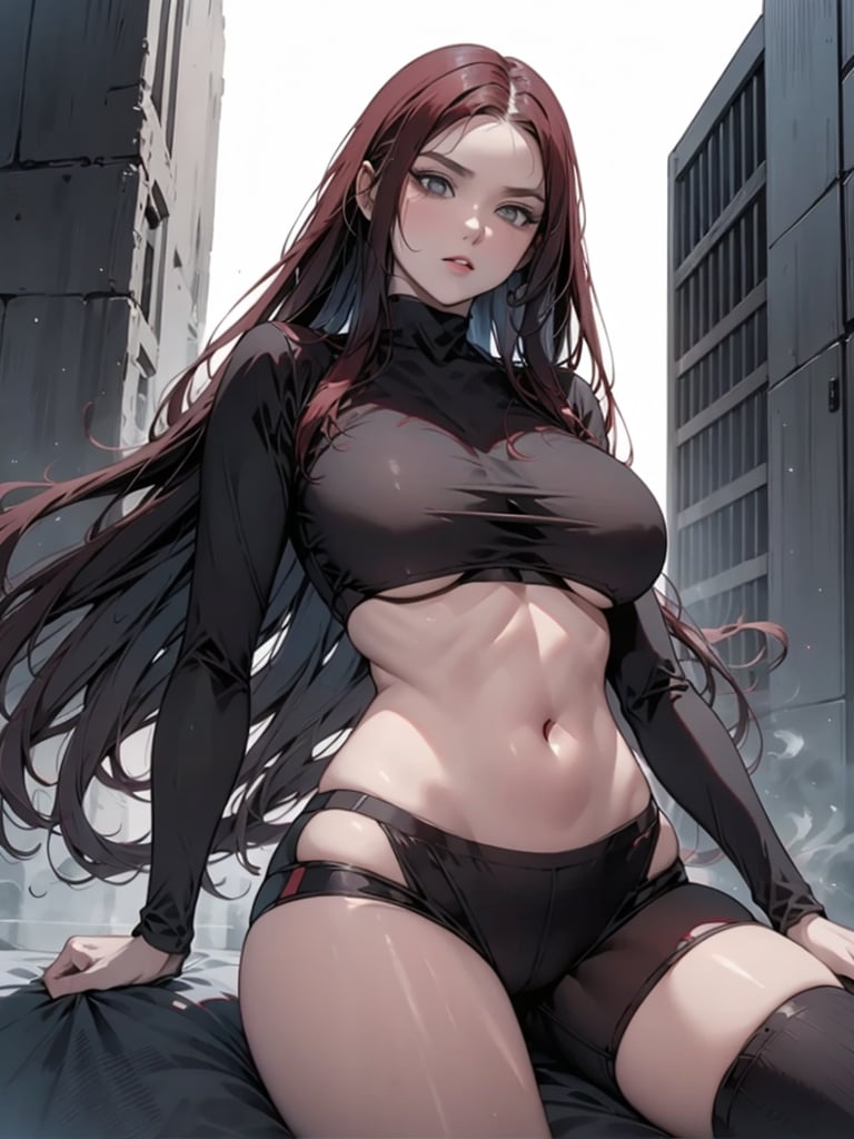 A visually stunning 3D render of a futuristic comic book cover that exudes action, drama, and suspense. The female protagonist, exuding confidence and determination, stands tall in a captivating red and black ensemble with intricate details. Wielding a sleek, high-tech weapon, her fiery gaze pierces through the darkness. The dystopian cityscape in the background, with its towering, anime-inspired structures, adds to the sense of urgency. The piece is rendered with an impressive level of realism and urgency, immersing the viewer in a cinematic experience. This enchanting work of art seamlessly blends anime, illustration, and 3D rendering to create a transportive and unforgettable visual masterpiece.