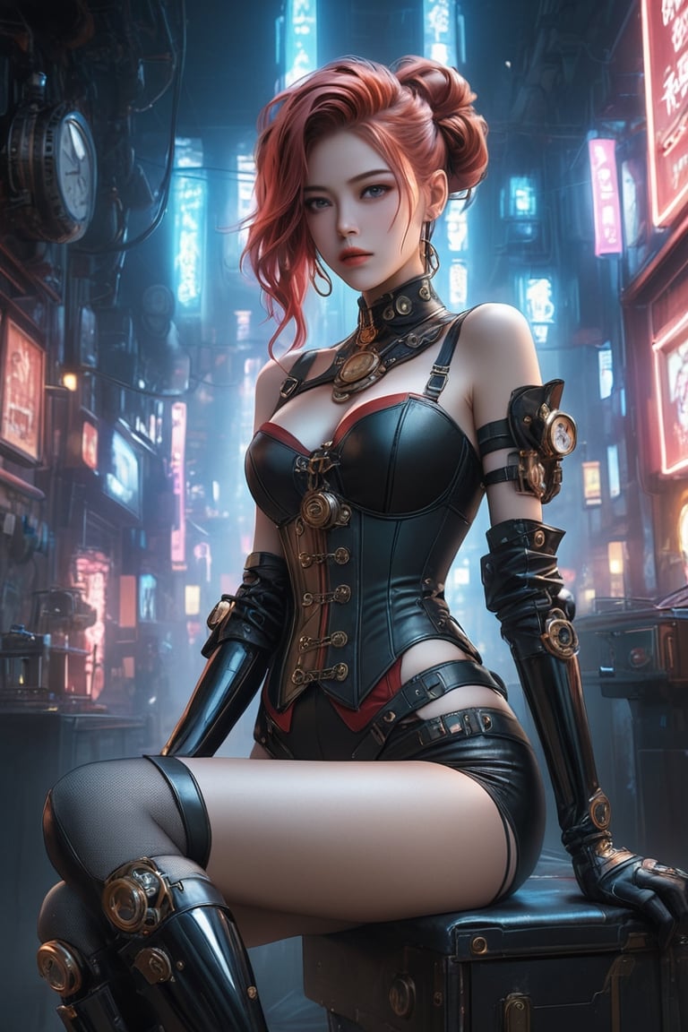 A stunning photo of a cyberpunk gamer girl dressed in a steampunk-inspired outfit. She is wearing a alluring black corset adorned with brass gears, sexy fishnet stockings, and knee-high leather boots, with a black and red hairstyle. A steampunk-inspired gaming console sits on her lap, with neon lights and wires intertwining around her legs. The background is a futuristic, dark, and moody cityscape with towering buildings and neon signs. The overall atmosphere of the photo is sensual, mysterious, and alluring, photo