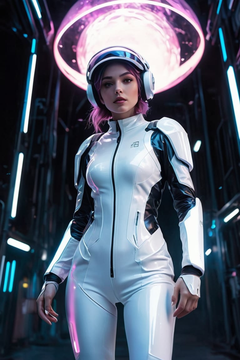 a high-resolution image that captures the essence of a charming character in a futuristic setting. she is wearing white crystal clear white suit and helmet. The character is poised energetically, with flowing garments motion. Incorporate a vivid color scheme with pink, and reflective silvers, reminiscent of nightcore aesthetics. Use dramatic backlighting to emulate a neon glow, contrasting with the darker hues of a cosmic backdrop , she is bright , The image should mimic the depth of field and clarity with sharp focus on the character and a blurred background. Add realistic textures to the character's clothing and hair, and include a visible light source in their hands, producing a gleaming, otherworldly effect. Ensure the overall composition resembles a candid snapshot, capturing a spontaneous moment of action in a surreal, sci-fi universe, Her eyes are purple, her entire body, she is making a gesture of reaching out for something above, a leaping pose, she is gazing at something above., GoPro HERO10 Black, Cinestill 800T, cyberpunk, a cinematic scene, 