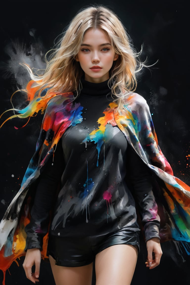 (Masterpiece, Top Quality, Best Quality, Official Art, Beauty & Aesthetics: 1.2), hdr, high contrast, (Masterpiece, Top Quality, Best Quality, Official Art, Beauty & Aesthetics: 1.2), hdr, high contrast, A stunning minimalist watercolor portrait of a woman with blonde hair, sporting a neutral expression. She is adorned with a vibrant, multicolored ink explosion cloak that cascades into an ink painting around her. The cloak, a blend of ink explosion and multi-colored elements, adds a dynamic and textured appearance. The woman wears a simple beige turtleneck sweater and black shorts beneath the cloak. The background is a plain white canvas, allowing the viewer to fully appreciate the intricate details and rich colors of the subject and her garments.,epicDiP,dripping paint,xxmix_girl