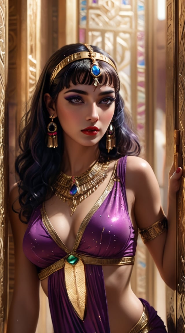 A captivating movie scene of the enigmatic Egyptian princess Cleopatra. an exotic svelte Egyptian dancer from Cleopatra era, she is willowy wearing revealing purple dress with gems, green eyes, fair face, red lips, sheer face viel , she is holding a beautiful dagger, hiding behind a door, wall is decorated with golden Egyptian patterns. Realistic detailed image, High quality, ,xxmix_girl,aesthetic portrait