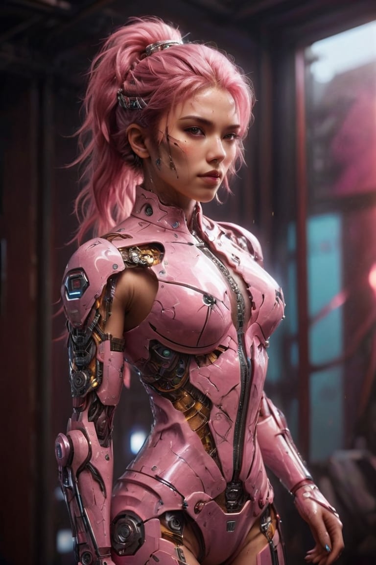 A gorgeous cyborg girl in pink platinum combat armor, long pink hair braid, cyberpunk style, sexy lingerie, futuristic scene, high-tech, sci-fi, flirting, kinky, attractive, portrait, looking at viewer, portrait, photography, detailed skin, realistic, photo-realistic, 8k, highly detailed, full length frame, High detail RAW color art, diffused soft lighting, shallow depth of field, sharp focus, hyperrealism, cinematic lighting, vibrant colors of lightning surround her. full body casting powerful tricky effect. gleaming katana.