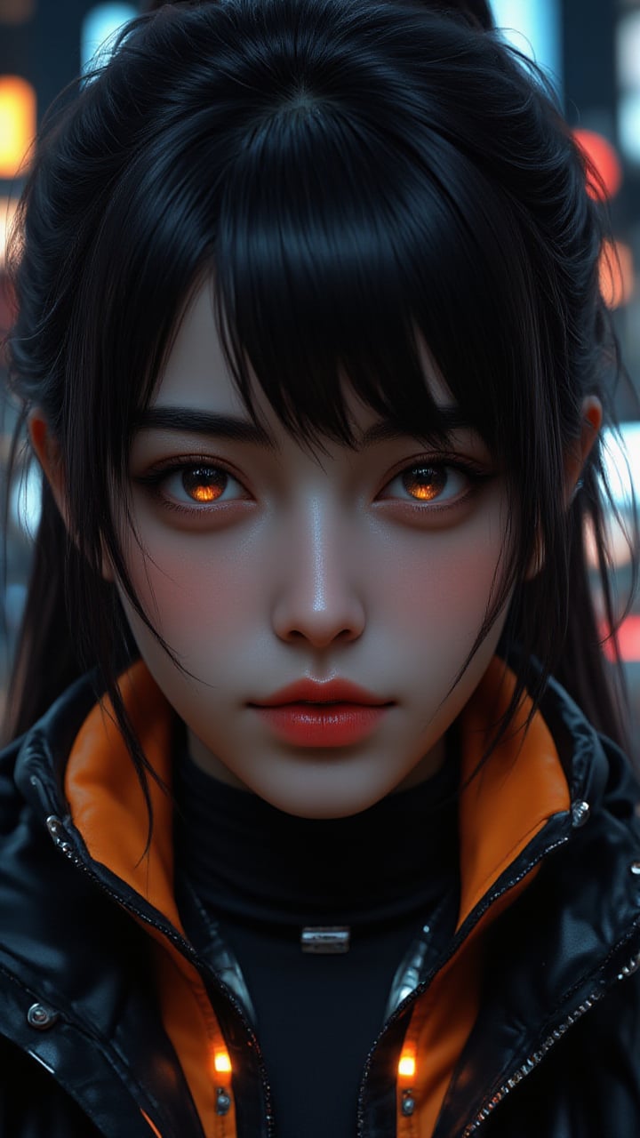 Pretty model with vibrant neon-colored eye, focusing on intense black eyeshadow, glowing orange collar of a high-tech jacket visible, cyberpunk-inspired hairstyle with subtle colored highlights, background showing blurred city lights at night, piercing gaze directly at the camera, photorealistic, 4K, rich detailing. Perfect face, simetrical face, simetrical eyes, ultra detailed, sharp focus, 8k, high definition, insanely detailed, 