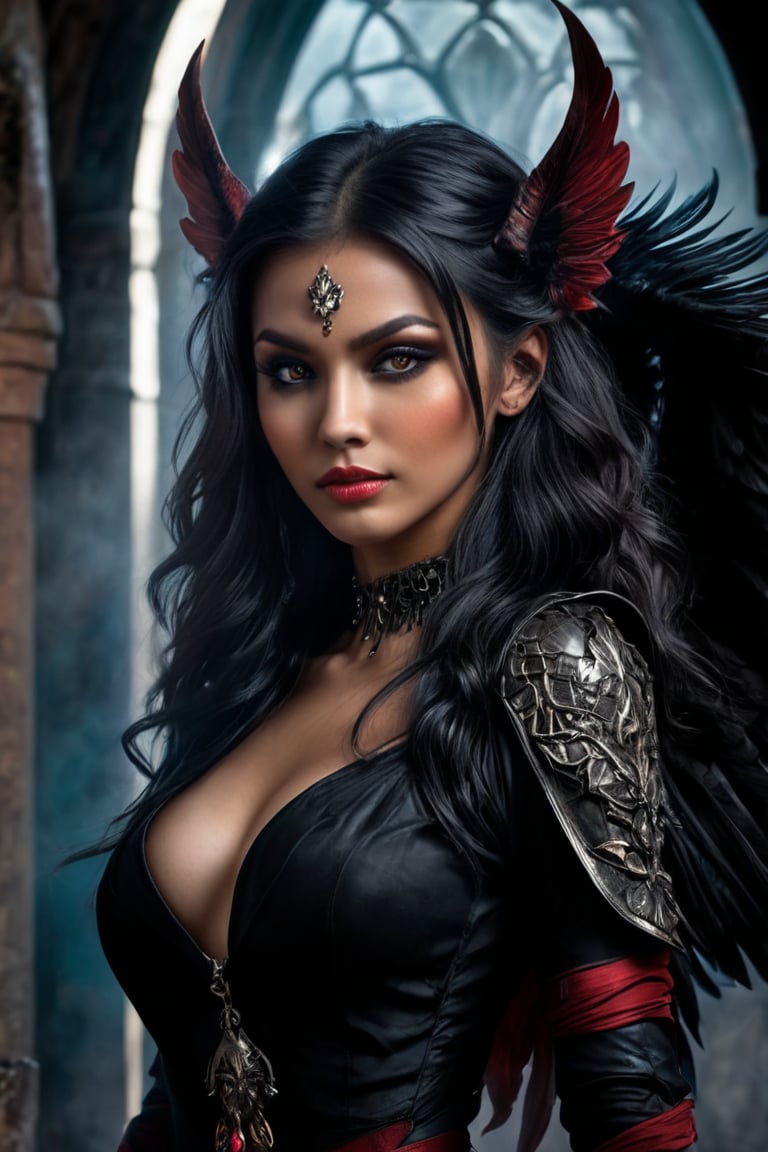 ((masterpiece)), ((best quality)), (((photo Realistic))), (portrait photo), (8k, RAW photo, best quality, masterpiece:1.2), (realistic, photo-realistic:1.3).   In a Dungeons & Dragons realm, a captivating dark fantasy portrait emerges, depicting a demoness with oil-black skin and mesmerizing red eyes. Her sultry outfit reveals her alluring figure, accentuated by the intricate details of her attire, including dark lace and shimmering onyx gems that catch the dim light of her surroundings. Her long, flowing hair cascades around her shoulders, framing her striking face which bears a pair of ominous, mystical wings that seem to shimmer with an otherworldly energy. Her expression is one of enigmatic allure, with a subtle, knowing smile that hints at forbidden secrets and untold power. The background is set within a dark, smoky palace, its shadowy corridors and towering arches lending an air of mystery and grandeur to the scene. Faint, ghostly lights flicker in the distance, casting an ethereal glow that contrasts beautifully with the demoness's dark form. 