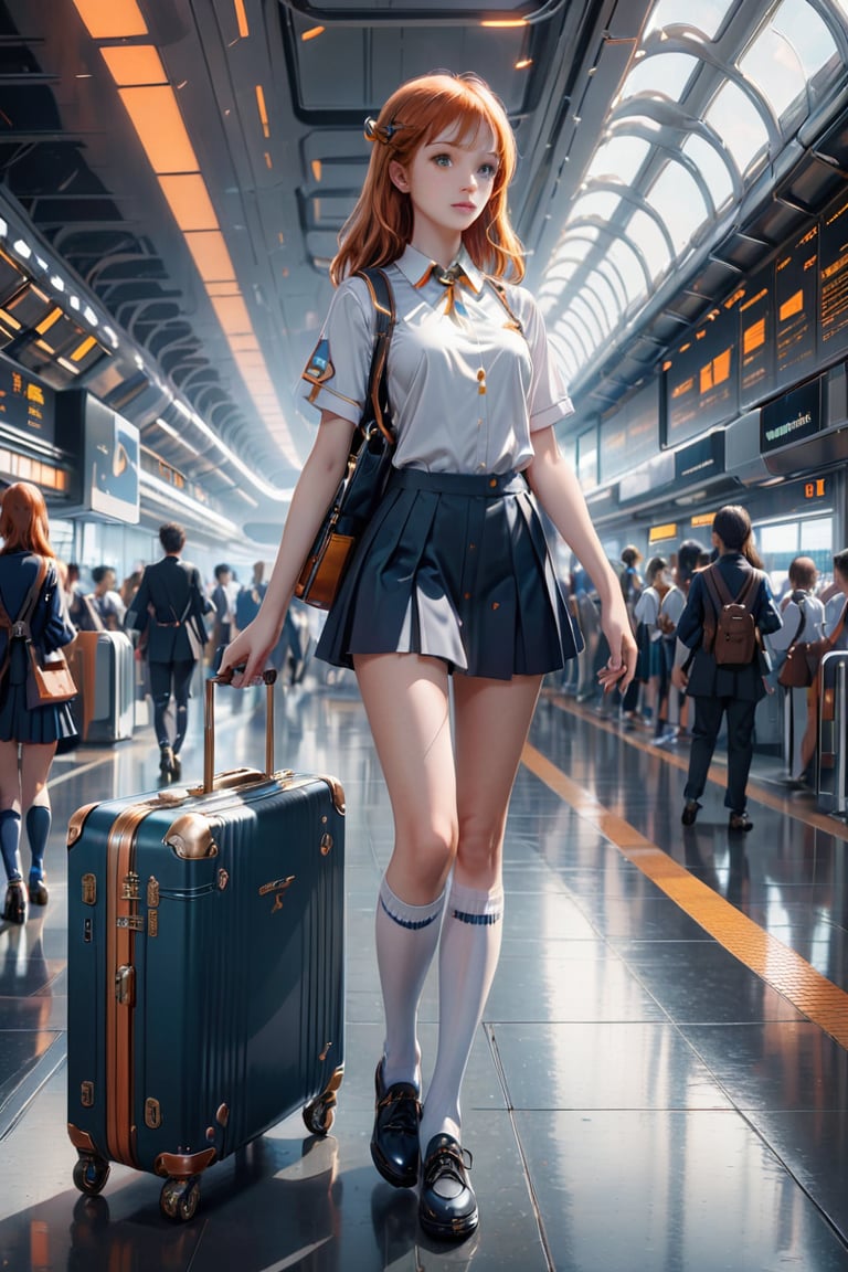 masterpiece photography, mid shot, fashional dressed young woman with orange hair and a suitcase in a futuristic interior of the high-tech airport, a gorgeous portrait inspired by Harriet Powers, trending on CG society, digital art, a hyperrealistic schoolgirl, hyperrealistic schoolgirl, dressed as schoolgirl, school girl, realistic schoolgirl, still from a live-action movie, wearing a mini skirt and high socks, promotional still, magical school student uniform, photo still, airport interior background,futurecamisole