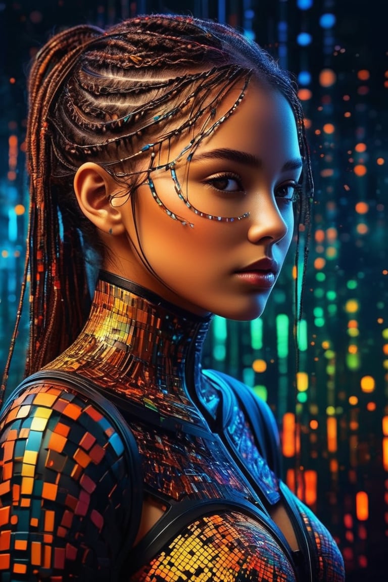 masterpiece digital artwork, (beautiful and aesthetic:1.4), fantasy illustration, surrealism, highly detailed, colorful binary code effect forming a silhouette of a girl, portrait, weave together to create a harmonious fusion of technology and art, (epic composition, epic proportion), FHD
