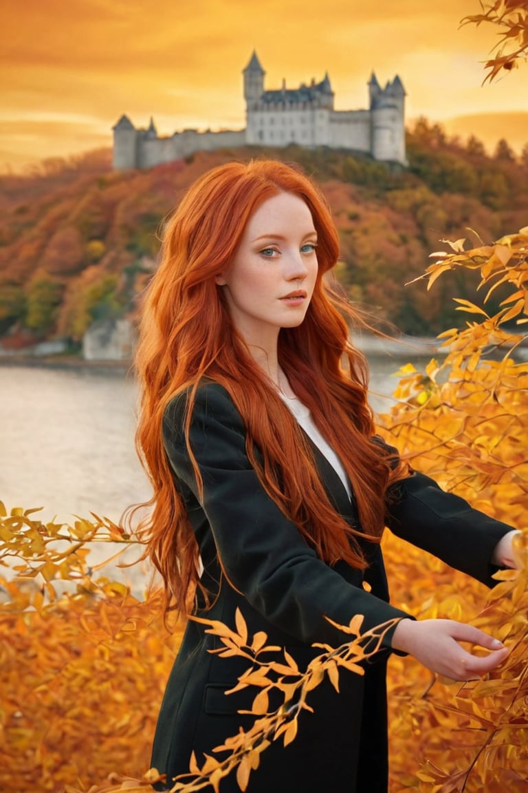 A stunning close-up picture that captures the essence of love and beauty. A captivating and vibrant conceptual art piece, featuring a young adorable woman with very long cascading red hair, seamlessly merging into a picturesque autumn landscape. She stands gracefully amidst a sea of golden leaves, her hair intertwined with branches and foliage. Behind her, a majestic castle stands proudly against an intense orange sky, as if it's on fire. The overall atmosphere of the illustration is cinematic and surreal, evoking a sense of wonder and enchantment, cinematic, vibrant, conceptual art,dal,photo