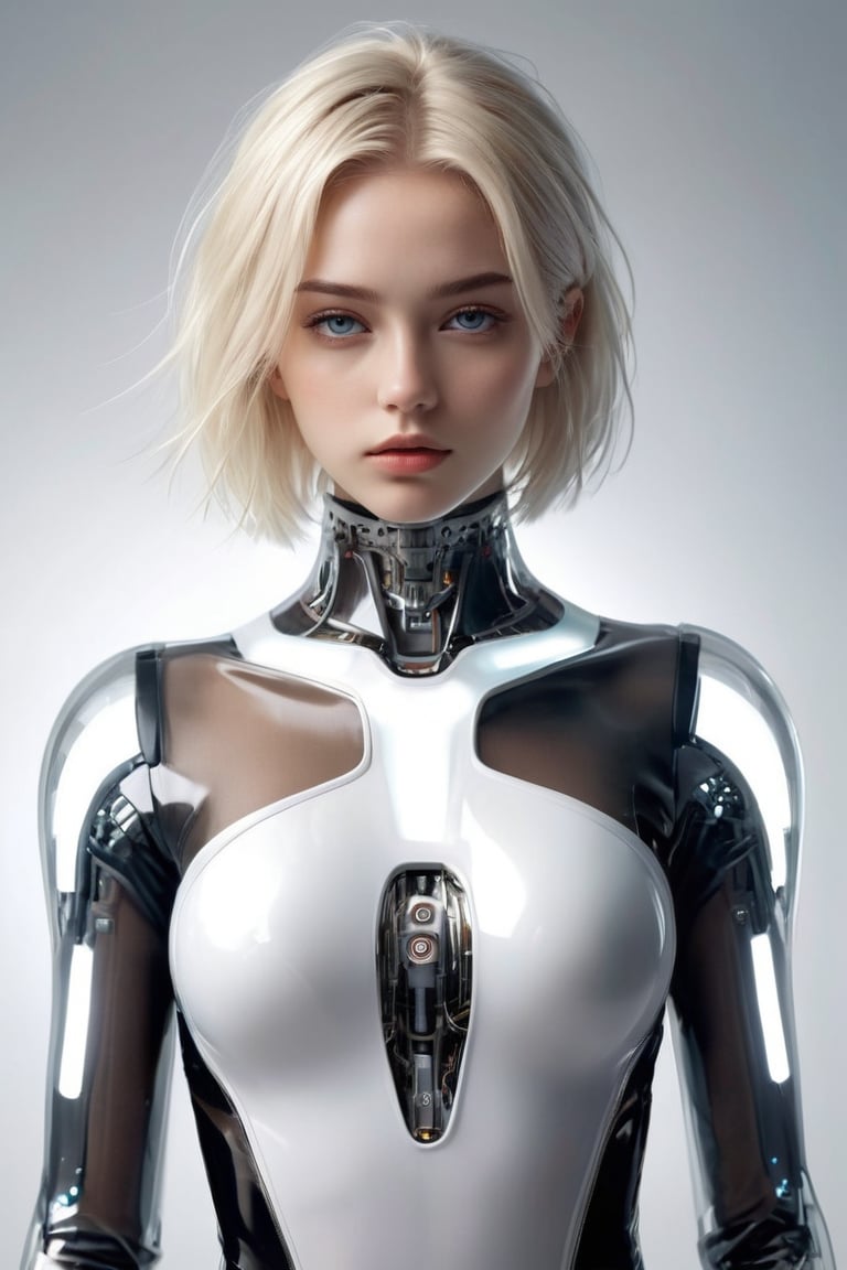 hyperrealistic, a masterpiece, (1girl), (full body), (futuristic sci-fi glassy transparent platinum white bodysuit with hollow crop cut), Beautiful young girl, (Cute Loose Bob hairstyle), symmetrical eyes, realistic, sharp focus, HD, highly detailed, A photo of an attractive blonde woman with visible robotic elements in her face and neck. She has white skin that is glowing slightly. Her eyes is gleaming, which adds depth to them. The background should be pure white, focusing attention only on her and the minimalistic details she's displaying. 