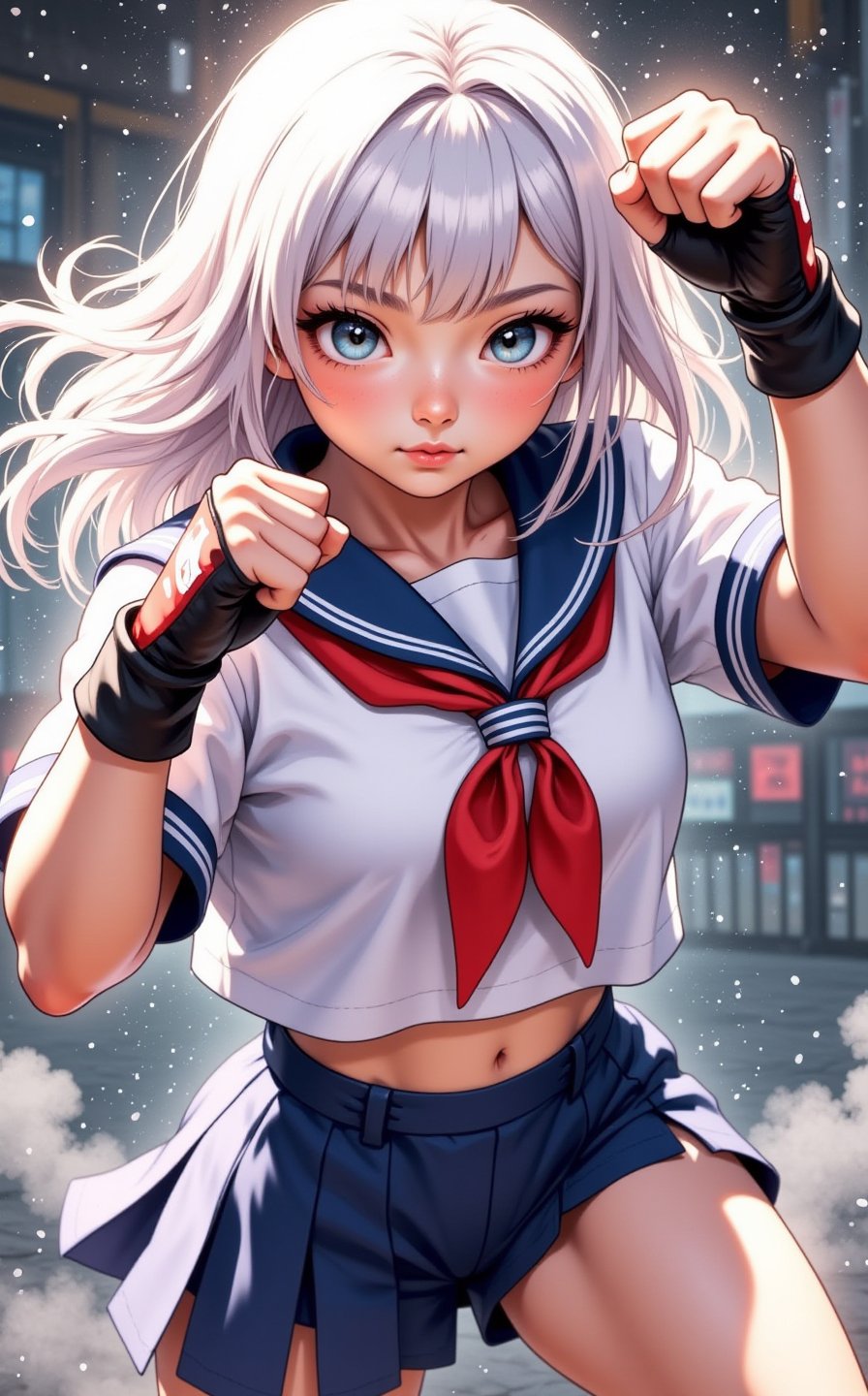 ghibli studio anime style poster, a beautiful young asian girl as a brand new street fighter, dynamic kicking high fighting pose, beautiful eyes, olive skin, medium length white hair, petite body, sexy toned fit body, wearing tight school girl uniform, showing midriff, perfect face, lightly sparkles smoke background, volumetric fog, Hyperrealism, cinematic lighting, highly detailed, breathtaking, 8k uhd