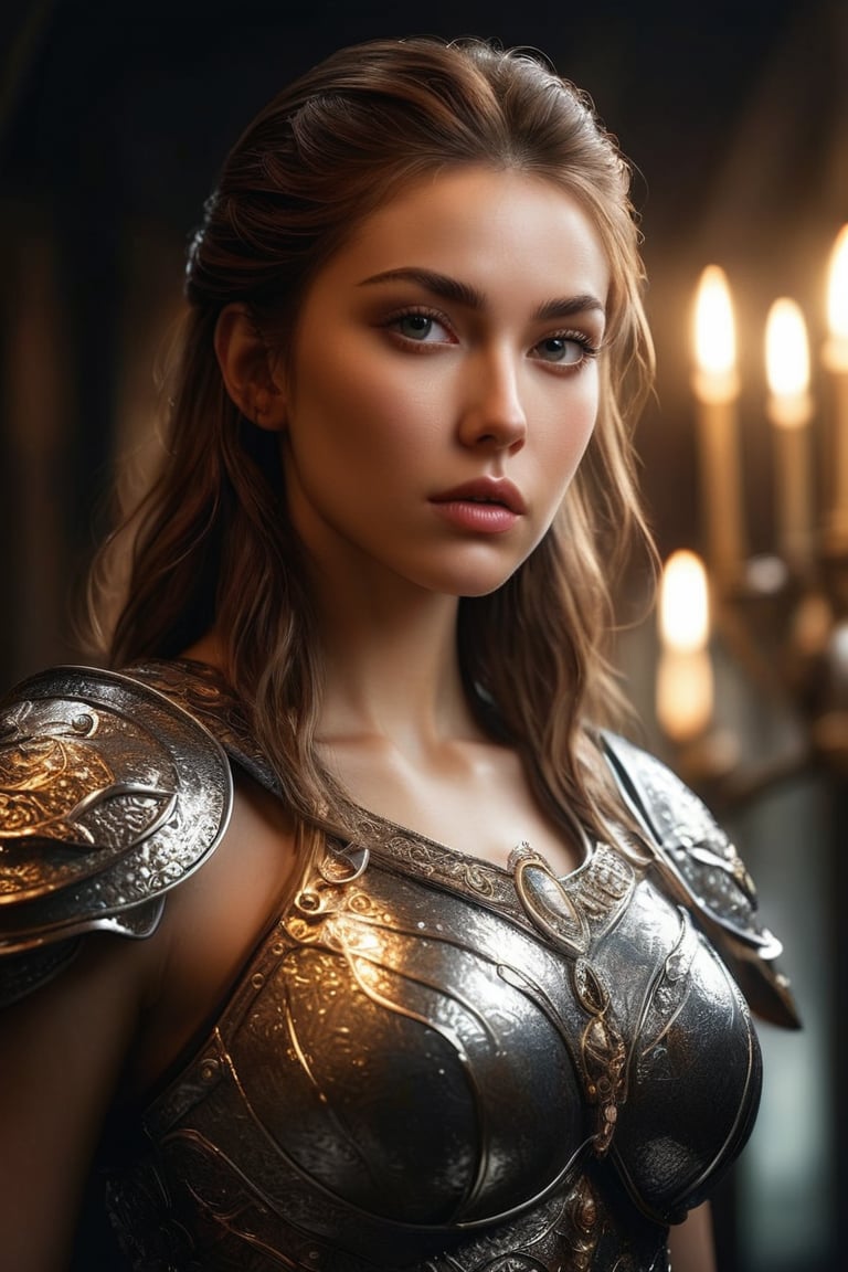 ((masterpiece)), ((best quality)), (((photo Realistic))), (portrait photo), (8k, RAW photo, best quality, masterpiece:1.2), (realistic, photo-realistic:1.3), A highly detailed and intricate female warrior with flowing brunette golden hair that seems to be ablaze, giving off an intense, fiery glow. She is adorned in intricately designed silver armor, which reflects light and has ornate patterns. The armor covers her entire body, including her arms, chest, and legs. She stands confidently In front of her, she clutches a shiny sharp spear in the form of a trident in her hand, exuding an aura of strength and determination. The background is dark, emphasizing the luminosity of her hair and the shine of her armor. She has long eyelashes and a beautiful face with sharp features. 30-megapixel, Canon EOS 5D Mark IV DSLR, 85mm lens, sharp focus, long exposure time, f/8, ISO 100, shutter speed 1/125, diffuse backlighting, fashion, cinematic, dark fantasy, portrait photography, ,xxmixgirl