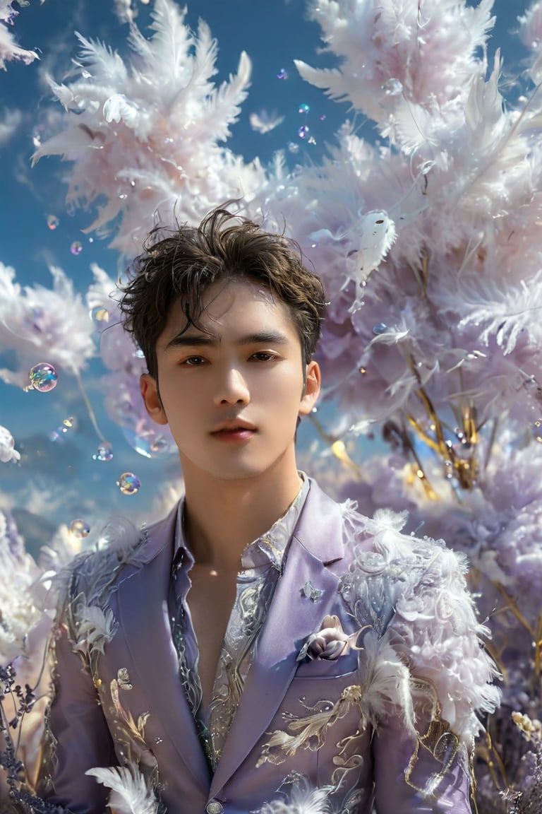 A handsome fit young man in a unique suit, made of fluff feathers, floats in a sky filled with lavender hues. He wears a golden mask that shines with sweet and soft light, reflecting the beauty of the sky. Giant bubbles, filled with dreams and magical landscapes, float around, showing images of crystal trees and mountains made of cotton candy. The atmosphere is ethereal and magical, full of awe and wonder, giving the feeling of being in a place outside of time and space.,Handsome boy,Muscle,powerdef