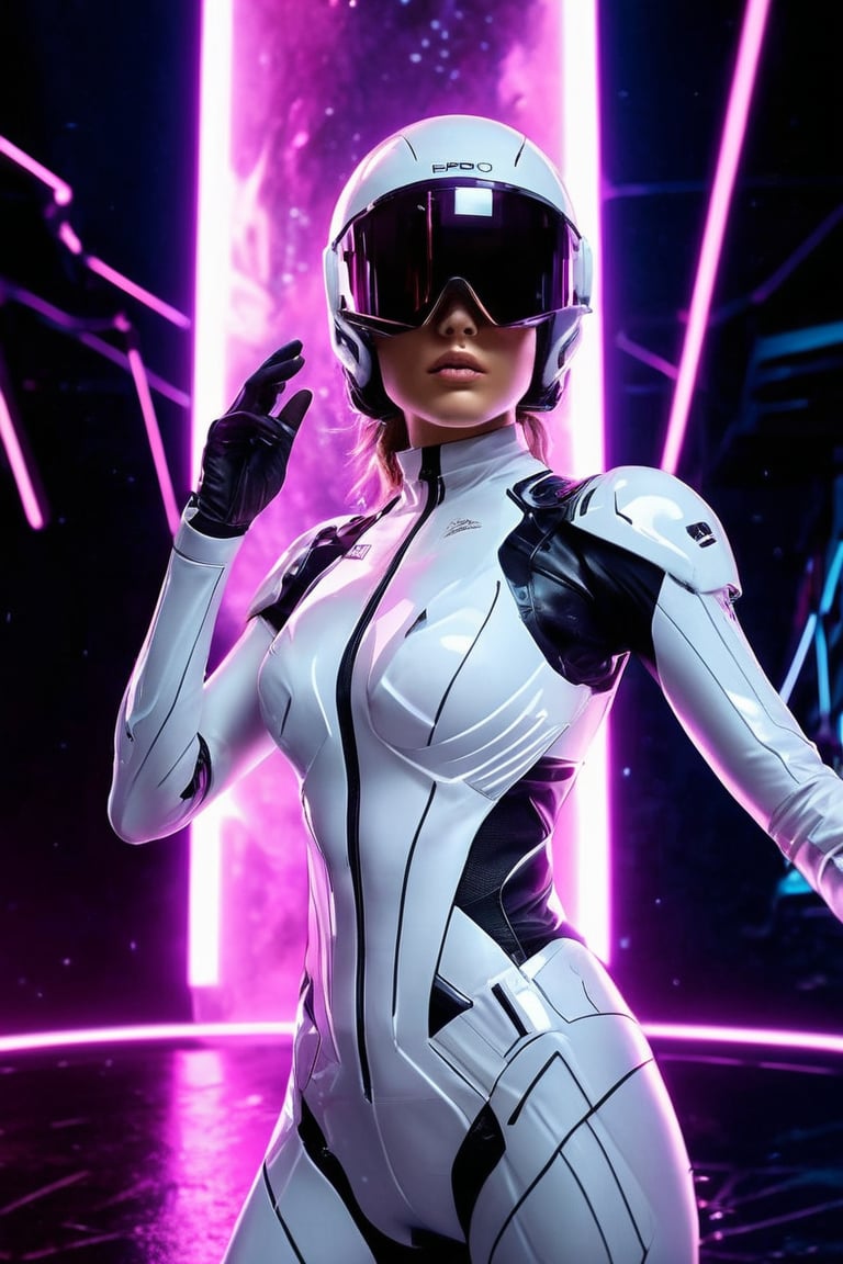 a high-resolution image that captures the essence of a charming character in a futuristic setting. she is wearing white crystal clear white suit and helmet. The character is poised energetically, with flowing garments motion. Incorporate a vivid color scheme with pink, and reflective silvers, reminiscent of nightcore aesthetics. Use dramatic backlighting to emulate a neon glow, contrasting with the darker hues of a cosmic backdrop , she is bright , The image should mimic the depth of field and clarity with sharp focus on the character and a blurred background. Add realistic textures to the character's clothing and hair, and include a visible light source in their hands, producing a gleaming, otherworldly effect. Ensure the overall composition resembles a candid snapshot, capturing a spontaneous moment of action in a surreal, sci-fi universe, Her eyes are purple, her entire body, she is making a gesture of reaching out for something above, a leaping pose, she is gazing at something above., GoPro HERO10 Black, Cinestill 800T, cyberpunk, a cinematic scene, 