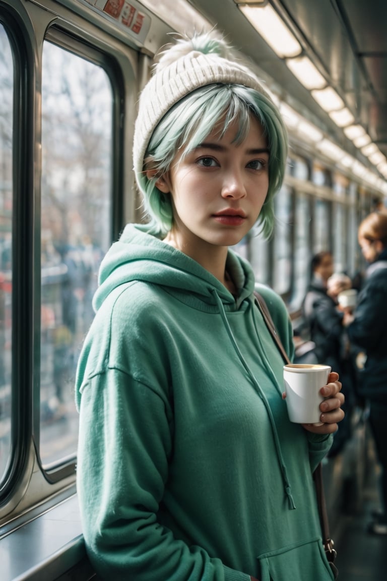 A young woman standing in a metro train, beside a window, leaning on the wall, holding a coffee mug, wearing pastel green hoodie, side view, short white hair, hair bangs, silky hair, curvy hair, bright eyes, looking outside through the window, minimal, lofi, 90's style, depth of field, day time, motion blur outside, shadows, cute face, woolen hat on the head