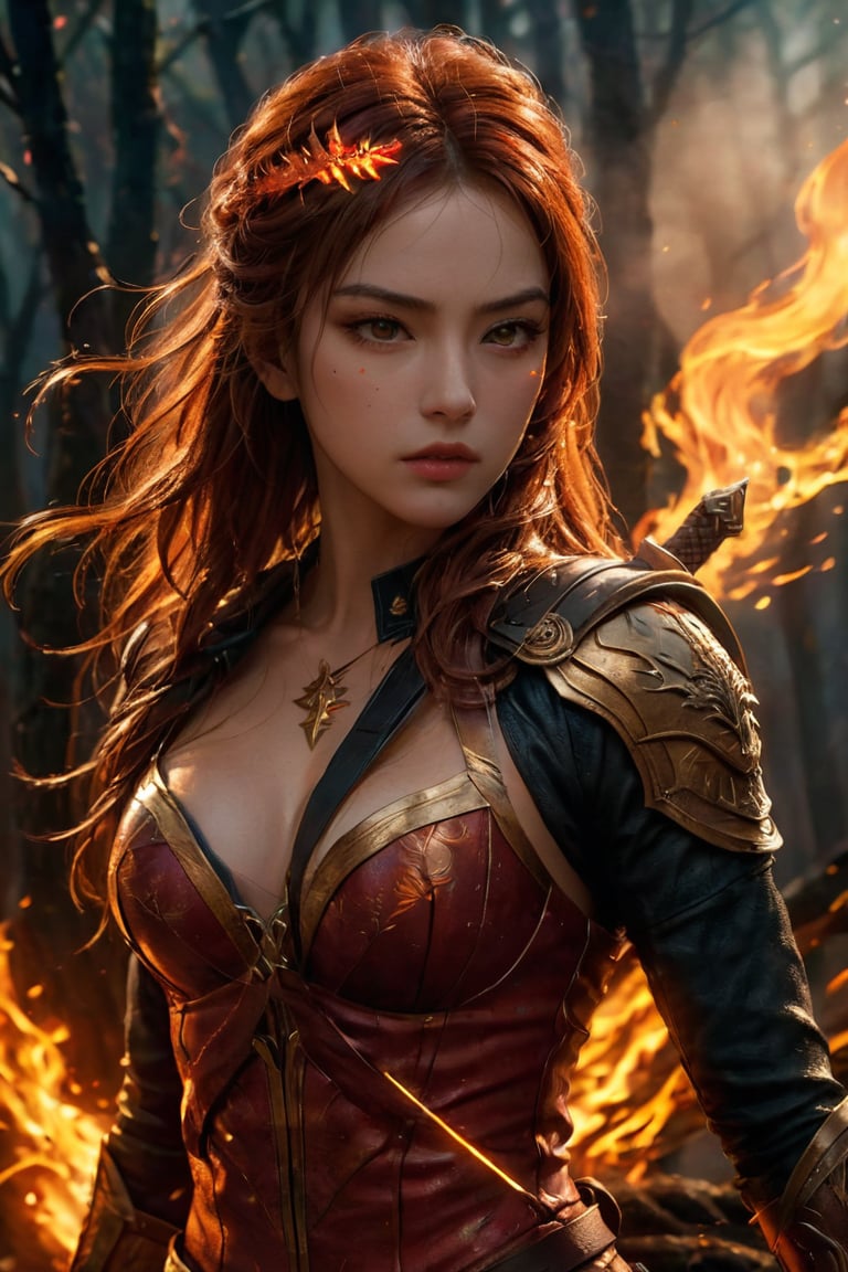 (8k, RAW photo, best quality, masterpiece:1.2), (realistic, photo-realistic:1.3). A captivating and intense scene portraying a fierce female warrior clad in a fiery red outfit, with her hair ablaze in bright orange and yellow flames. She stands confidently, wielding a fiery sword that crackles with energy. The background reveals a dark, mysterious landscape with twisted trees and an ominous sky. The overall atmosphere of the image is intense and dramatic, showcasing the power and determination of the fiery female protagonist.