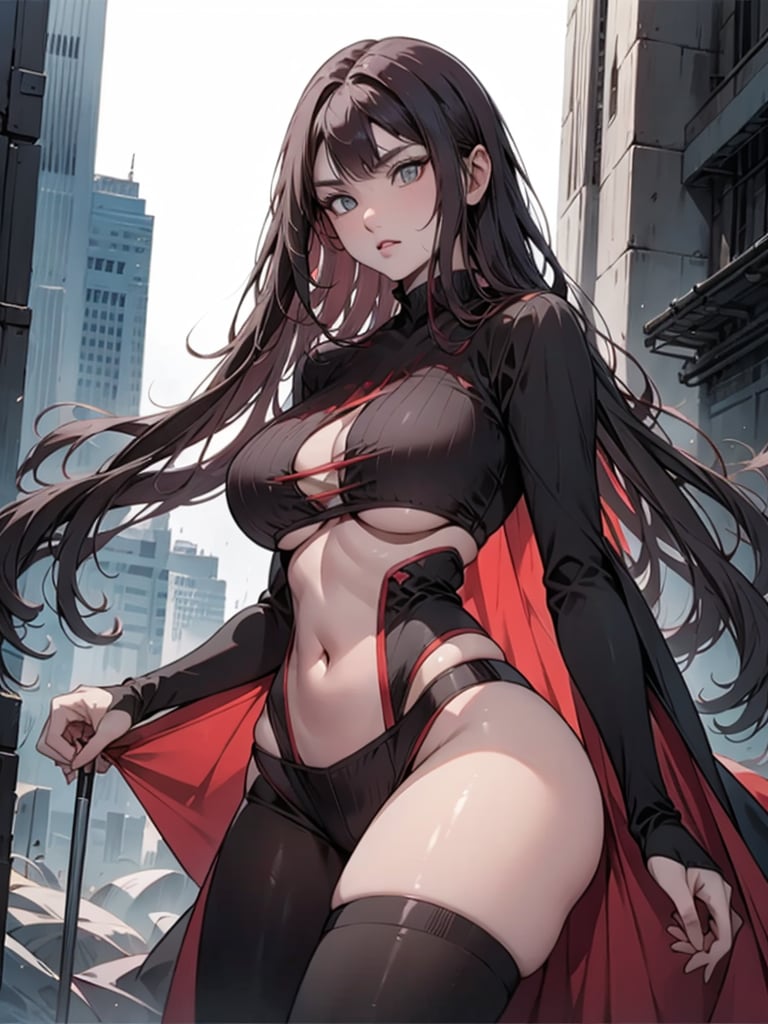 A visually stunning image of a futuristic movie still that exudes action, drama, and suspense. The female protagonist, exuding confidence and determination, stands tall in a captivating red and black ensemble with intricate details. Wielding a huge sleek, high-tech weapon, her fiery gaze pierces through the darkness. The dystopian cityscape in the background, with its towering, anime-inspired structures, adds to the sense of urgency. The piece is rendered with an impressive level of realism and urgency, immersing the viewer in a cinematic experience. This enchanting work of art seamlessly blends anime, illustration, and 3D rendering to create a transportive and unforgettable visual masterpiece.